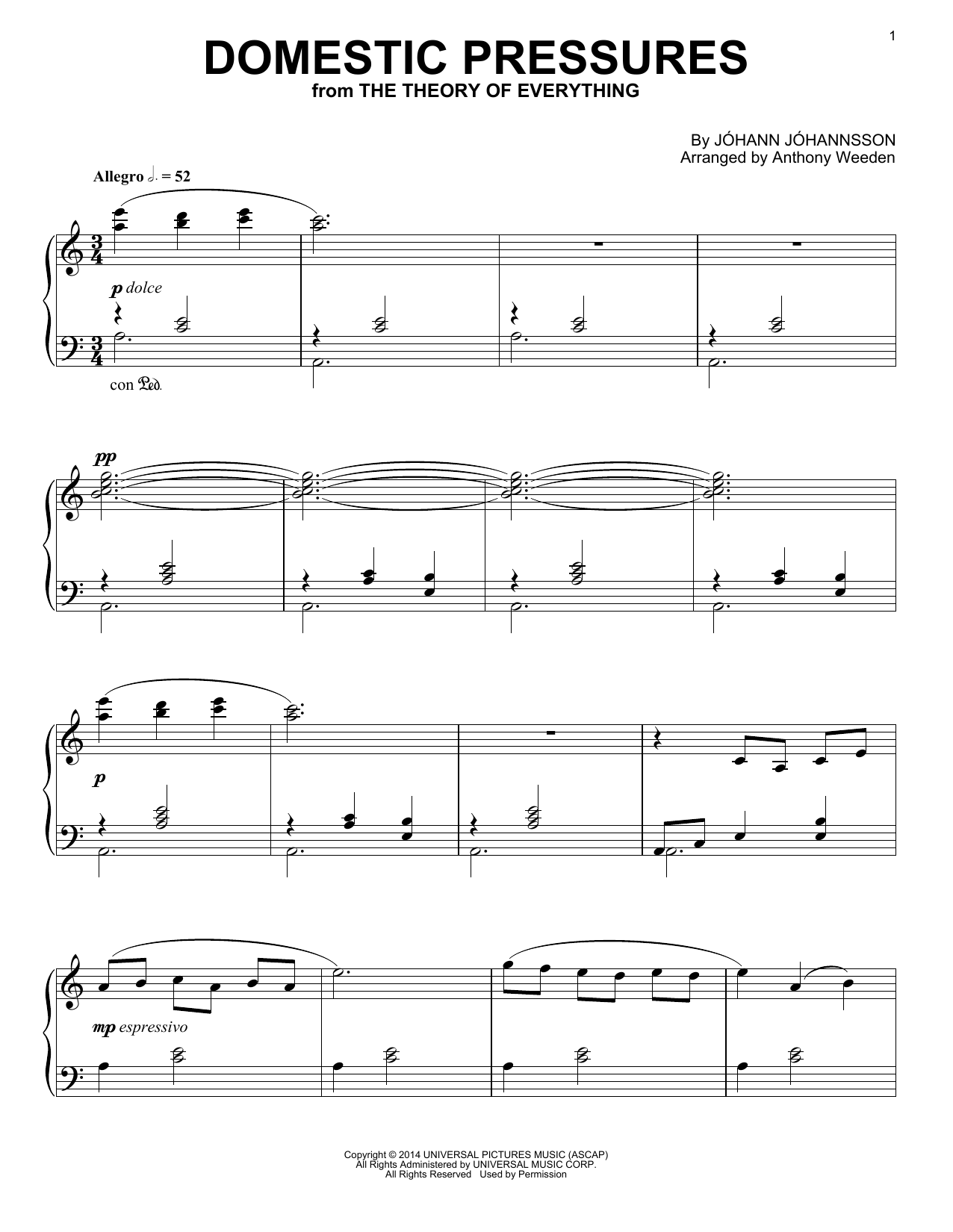 Johann Johannsson Domestic Pressures sheet music notes and chords arranged for Piano Solo