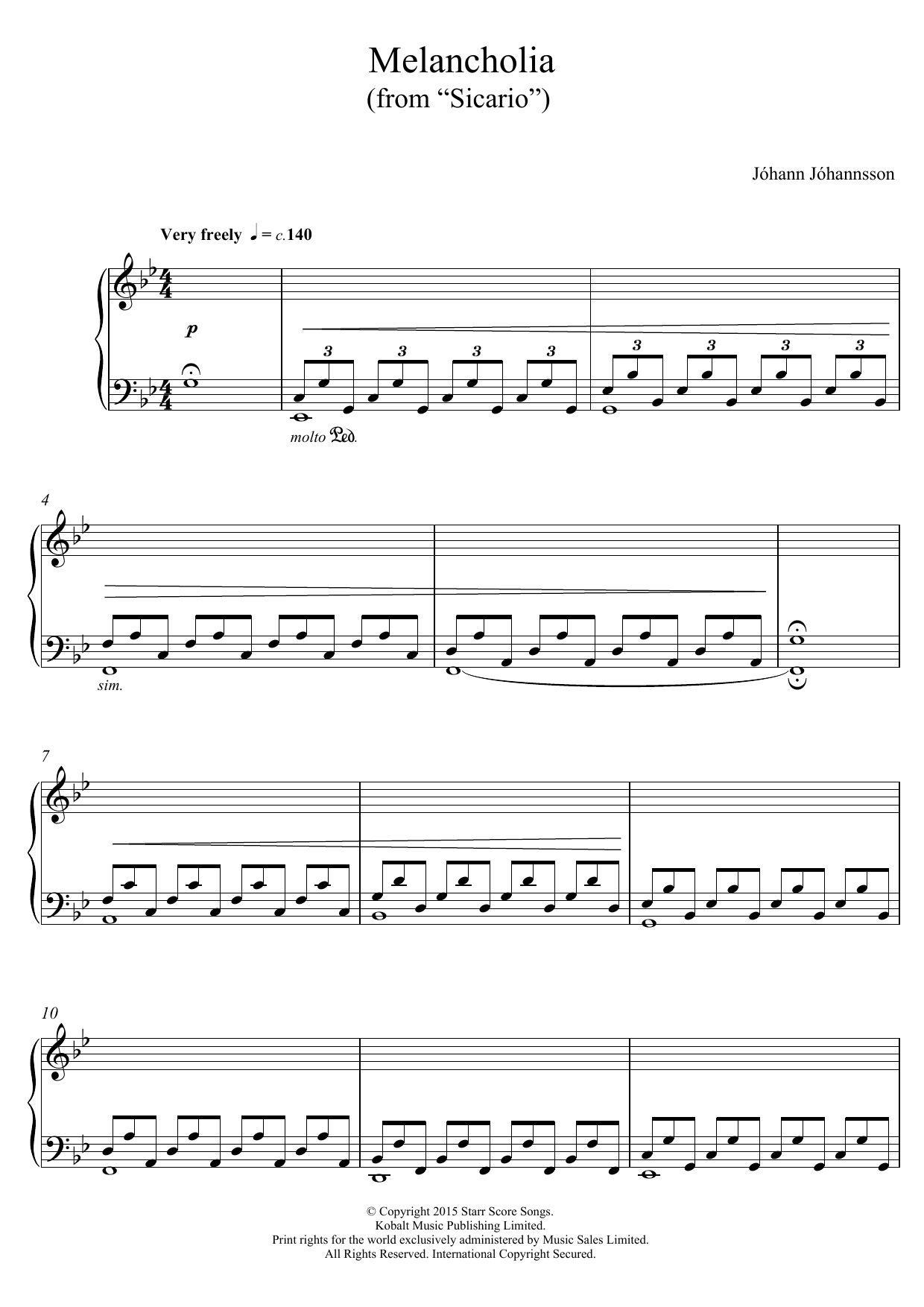 Johann Johannsson Melancholia (from Sicario) sheet music notes and chords arranged for Piano Solo