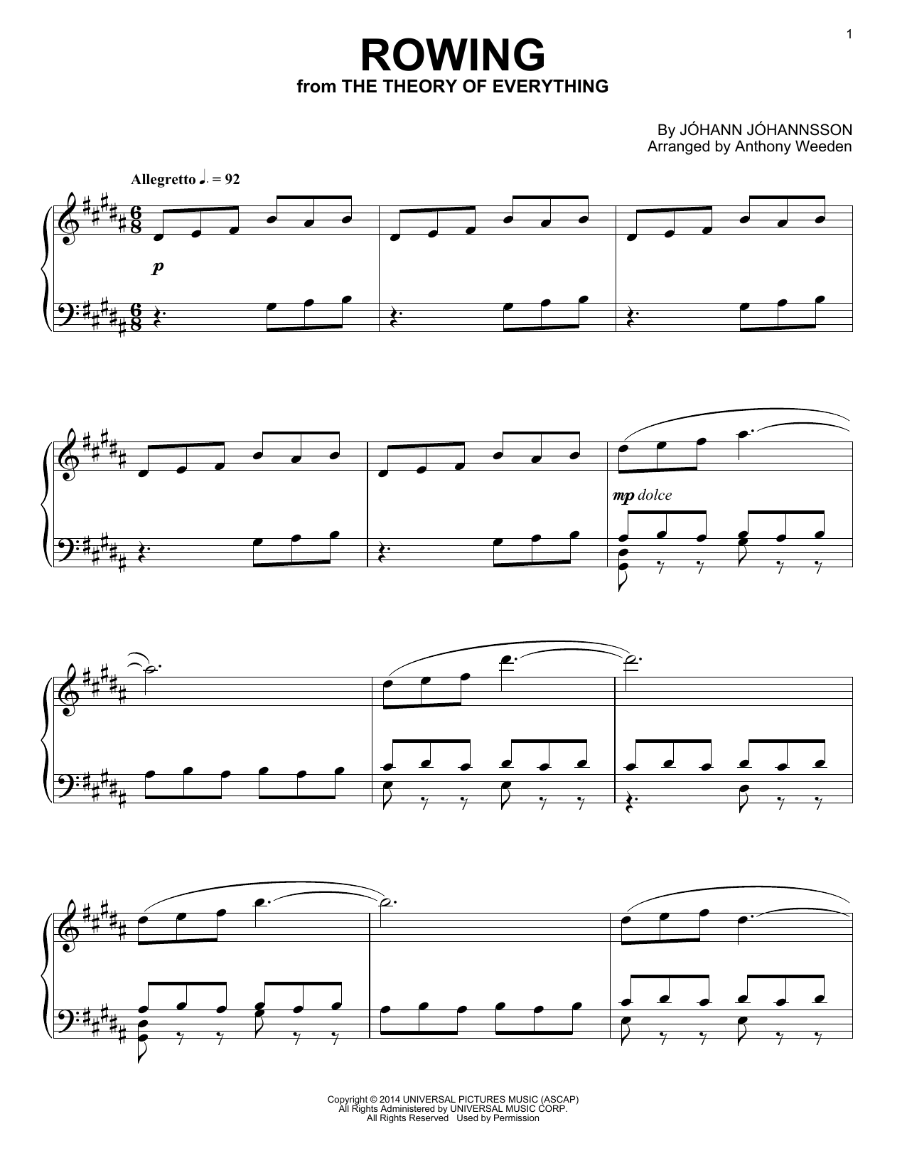 Johann Johannsson Rowing sheet music notes and chords arranged for Piano Solo