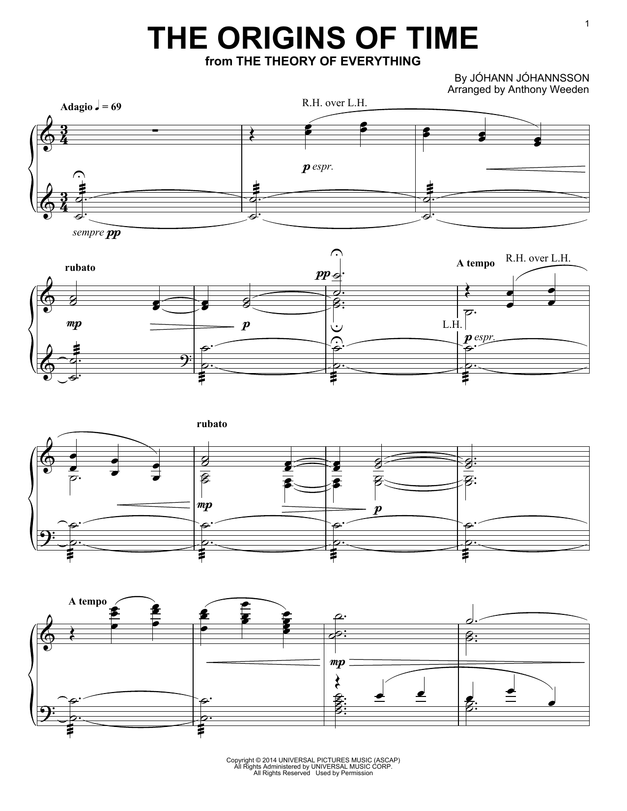 Johann Johannsson The Origins Of Time sheet music notes and chords arranged for Piano Solo