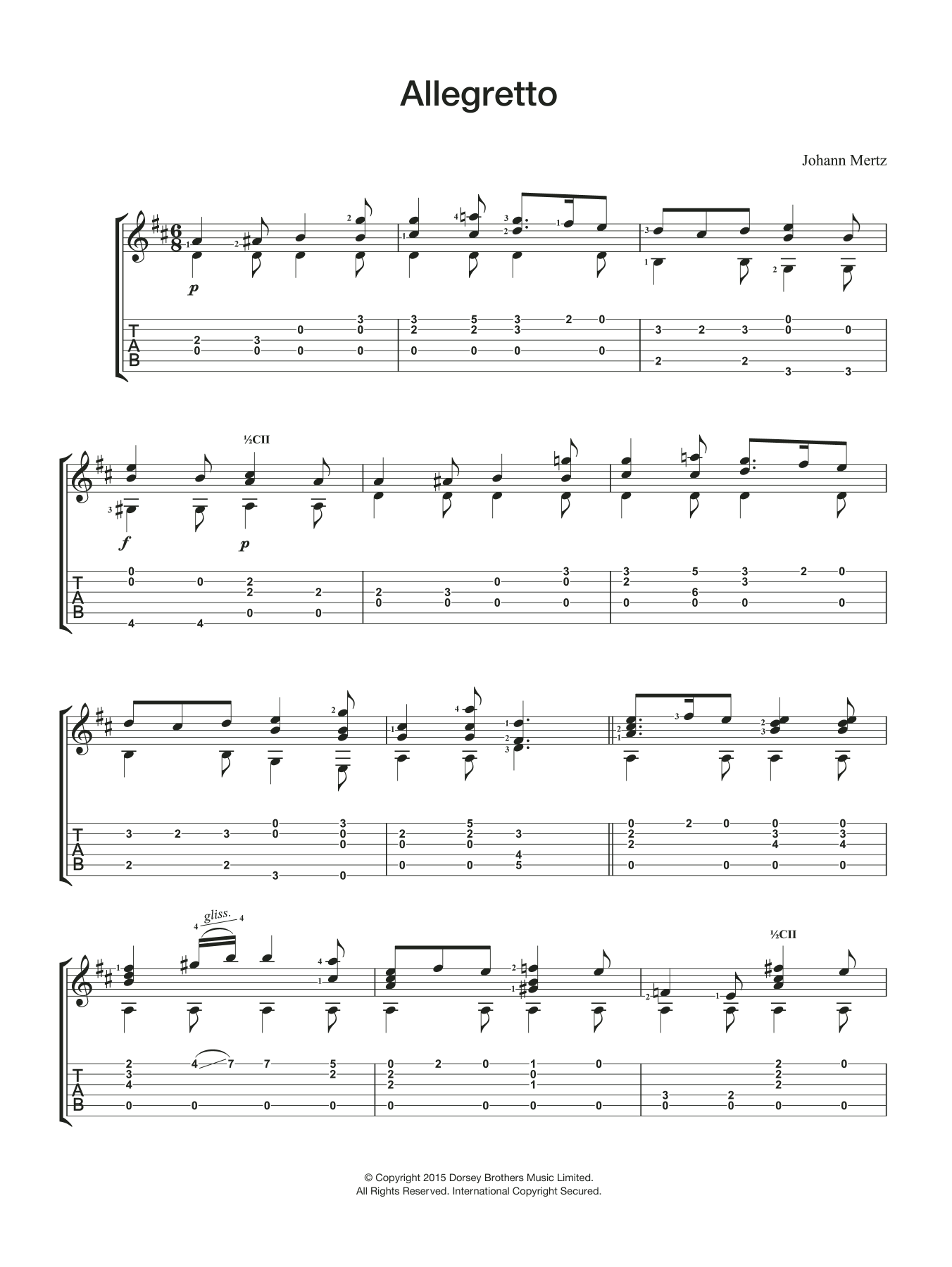 Johann Kaspar Mertz Allegretto sheet music notes and chords arranged for Easy Guitar