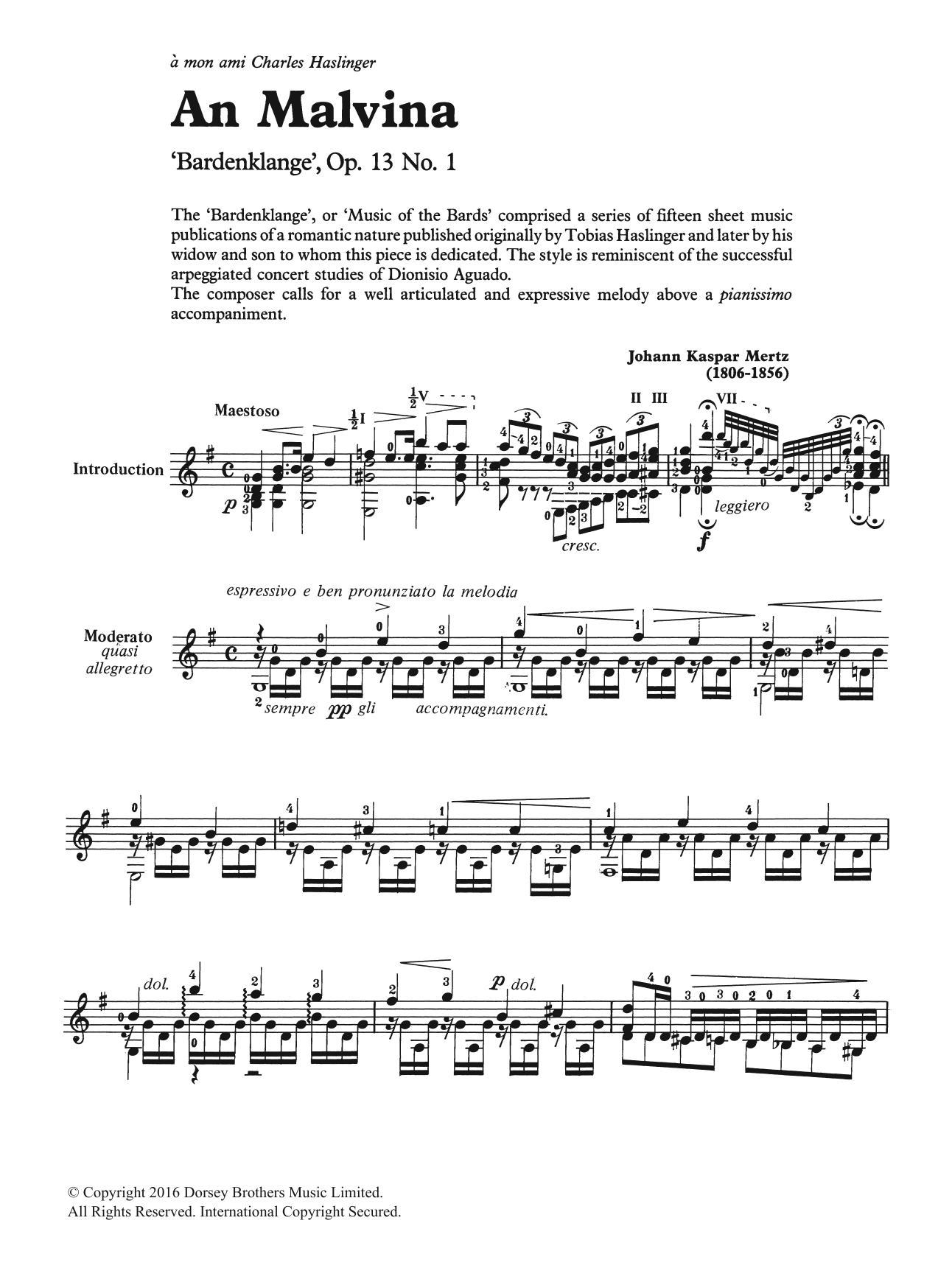 Johann Kaspar Mertz An Malvina sheet music notes and chords arranged for Easy Guitar