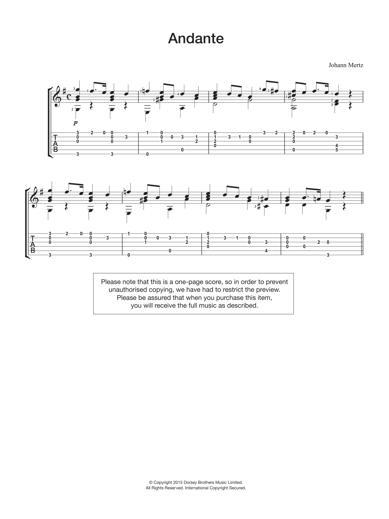 Johann Kaspar Mertz Andante sheet music notes and chords arranged for Easy Guitar