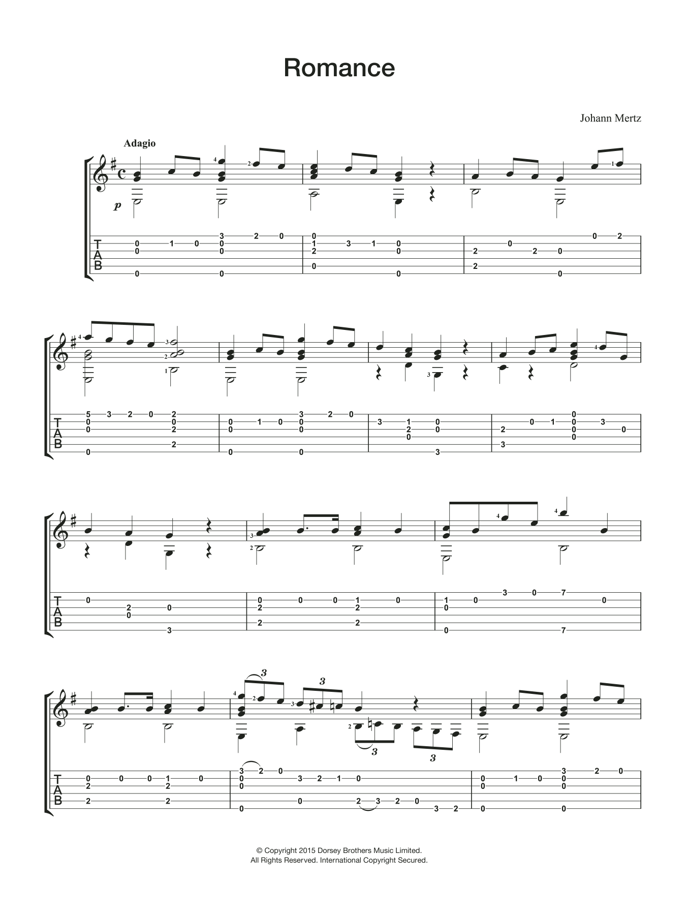 Johann Kaspar Mertz Romance sheet music notes and chords arranged for Easy Guitar