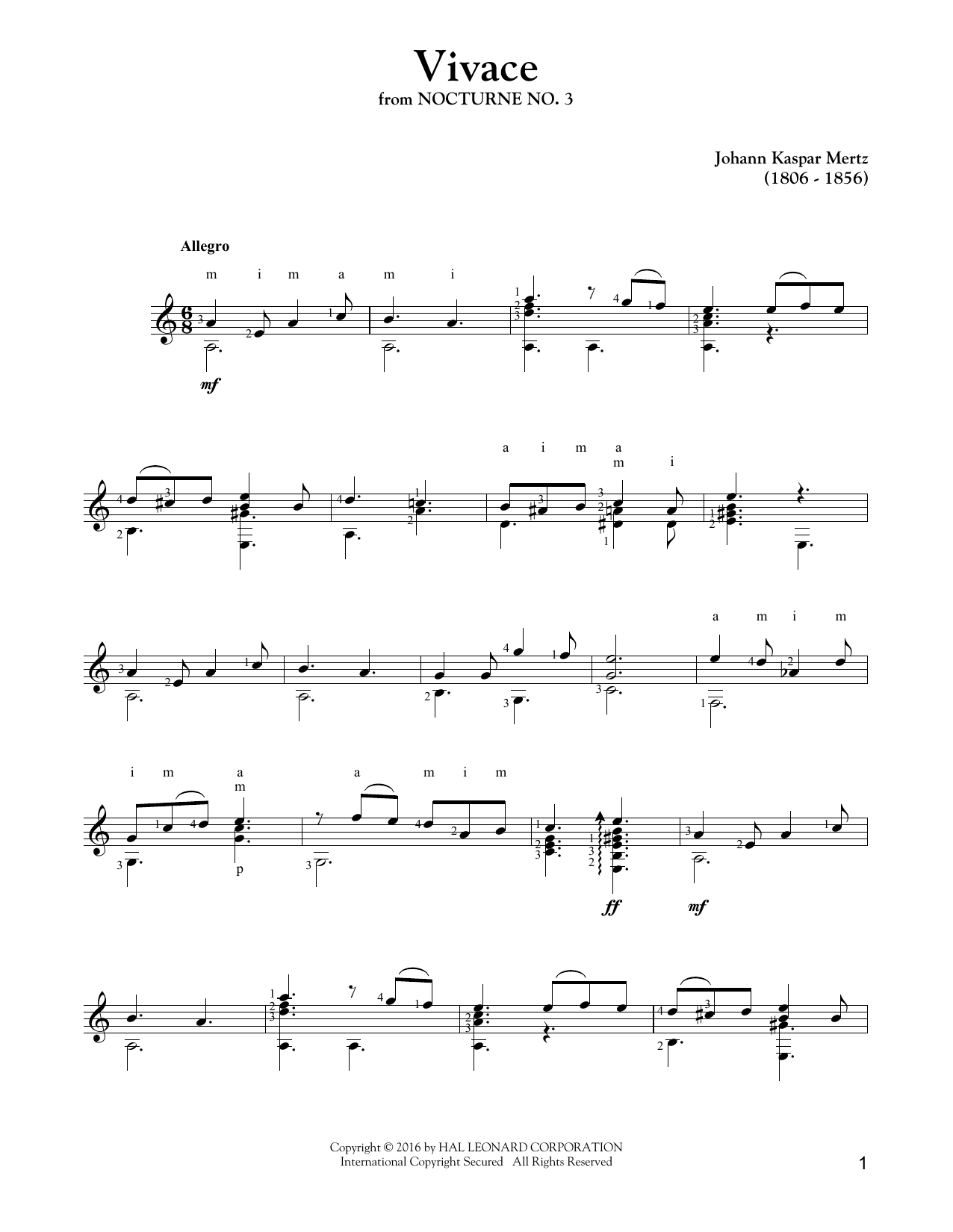 Johann Kaspar Mertz Vivace sheet music notes and chords arranged for Solo Guitar