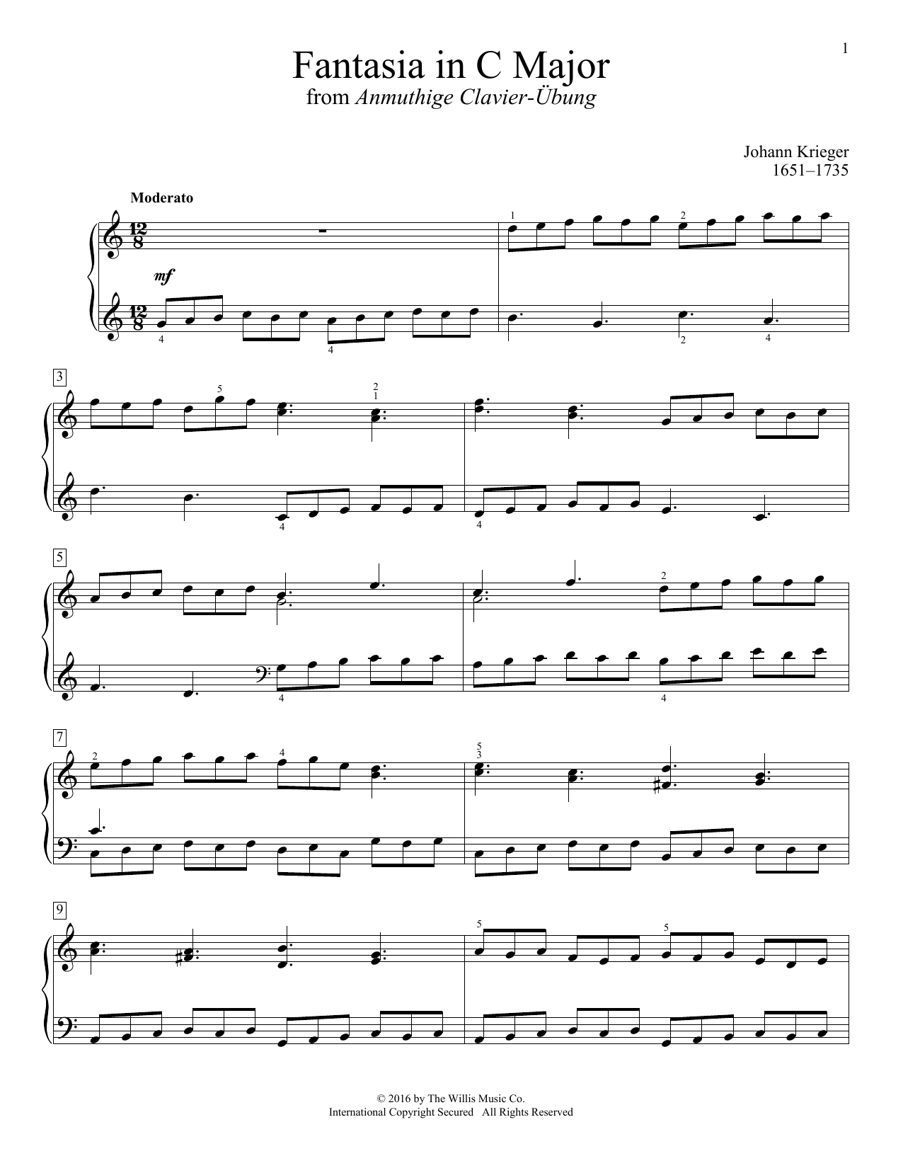 Johann Krieger Fantasia In C Major sheet music notes and chords arranged for Educational Piano