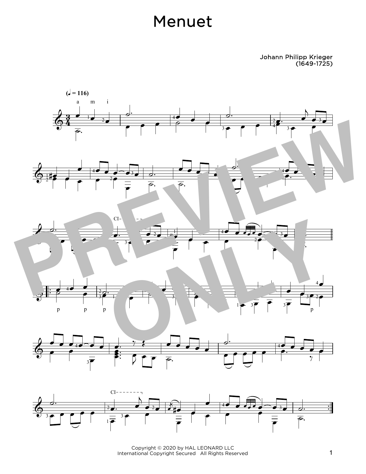Johann Krieger Menuet sheet music notes and chords arranged for Solo Guitar