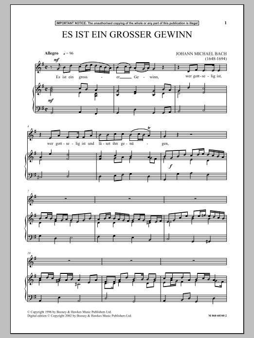 Johann Michael Bach Es Ist Ein Grosser Gewinn sheet music notes and chords arranged for Piano & Vocal