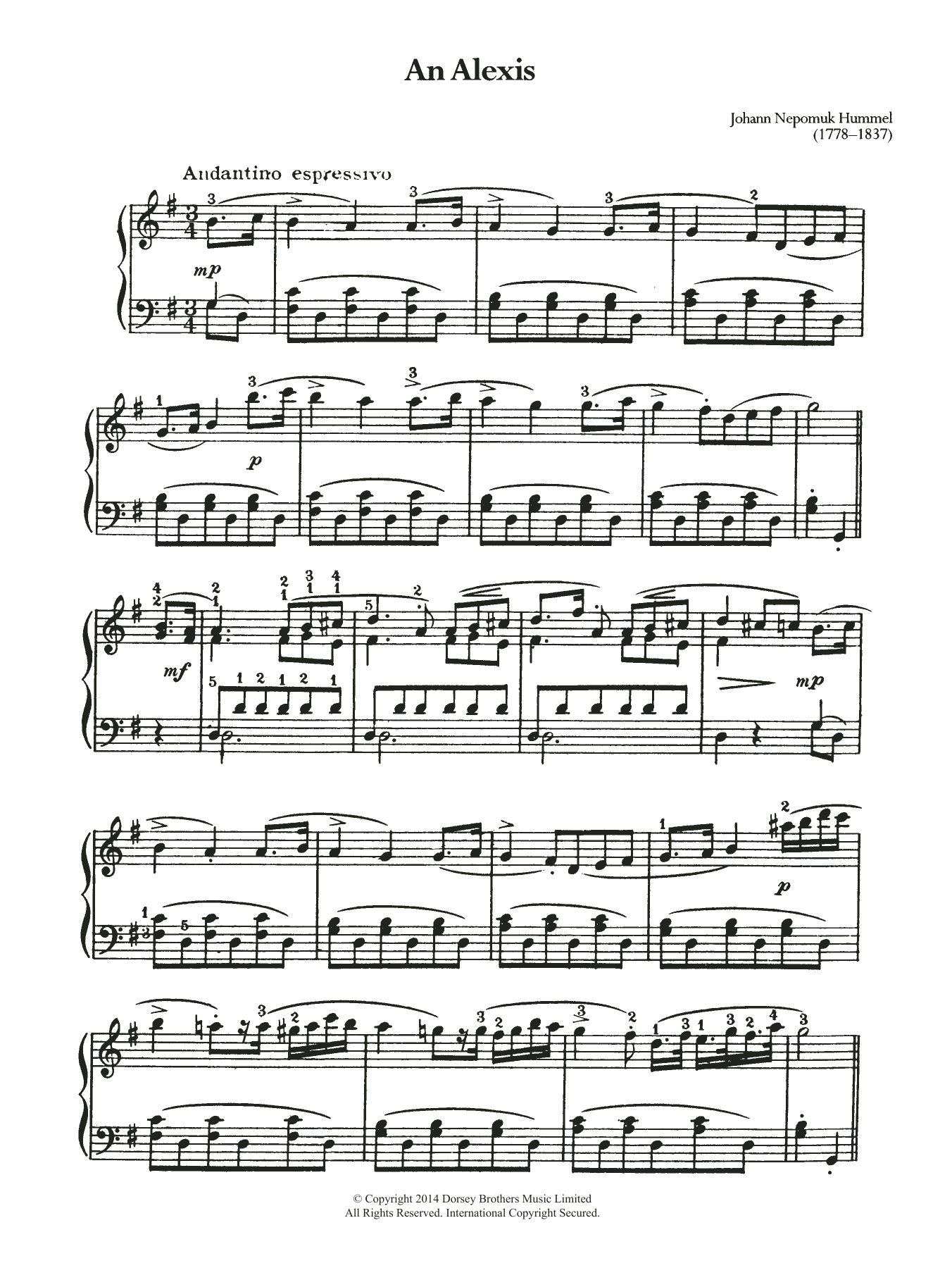 Johann Nepomuk Hummel An Alexis sheet music notes and chords arranged for Piano Solo