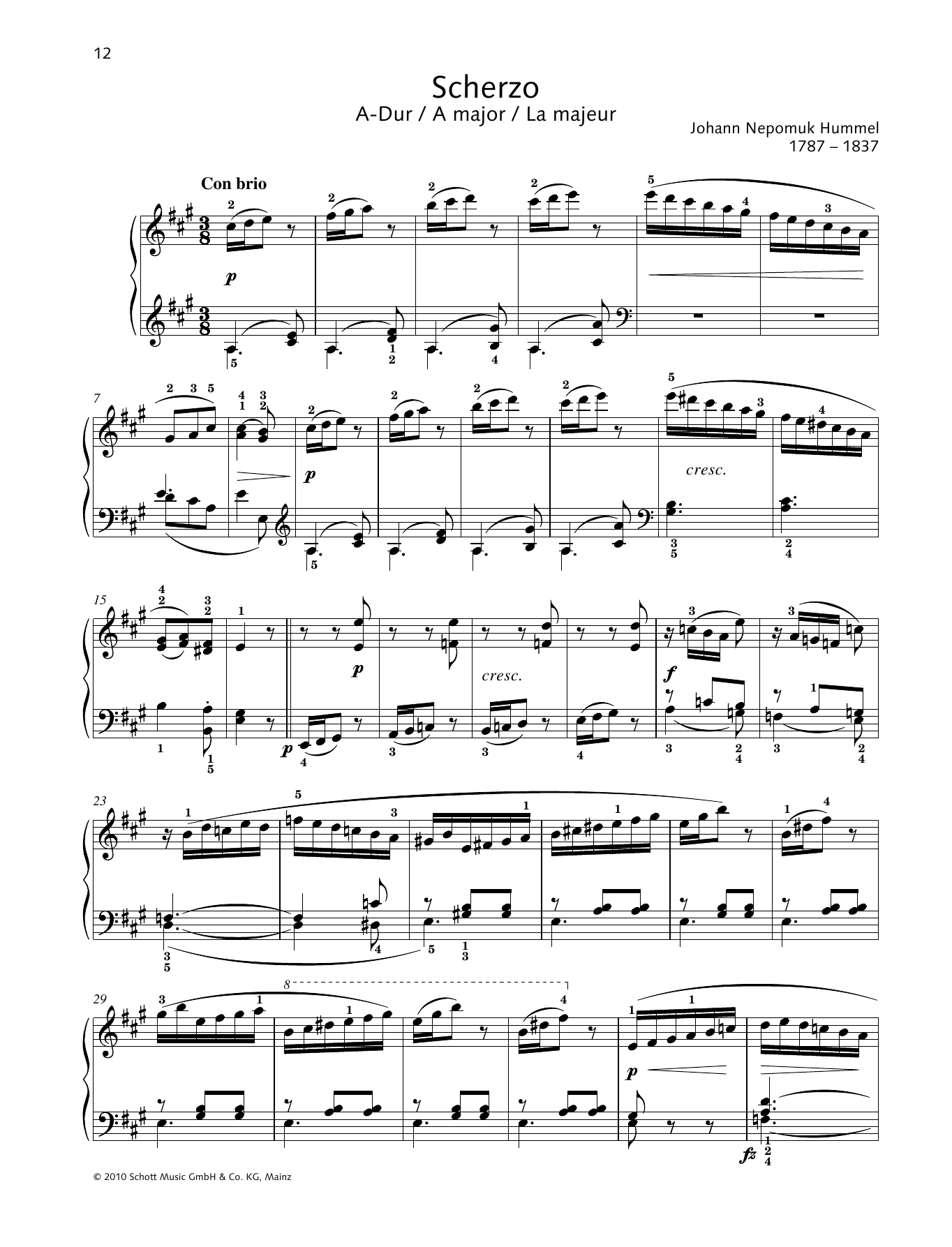 Johann Nepomuk Hummel Scherzo A major sheet music notes and chords arranged for Piano Solo