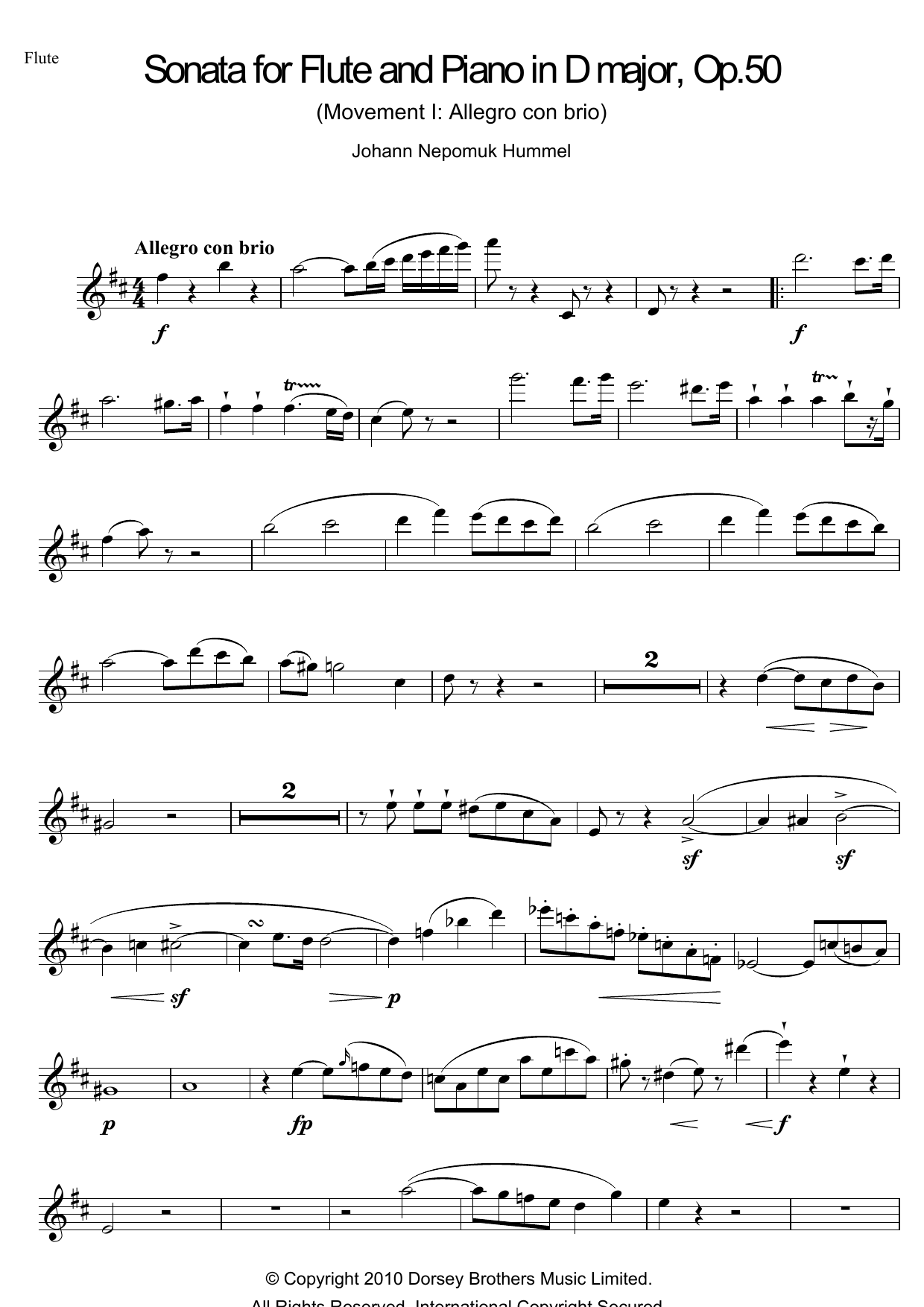 Johann Nepomuk Hummel Sonata For Flute And Piano In D Major, Op.50 sheet music notes and chords arranged for Flute Solo