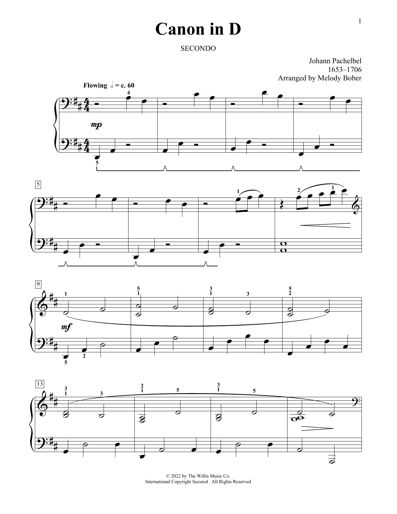 Johann Pachelbel Canon In D (arr. Melody Bober) sheet music notes and chords arranged for Piano Duet