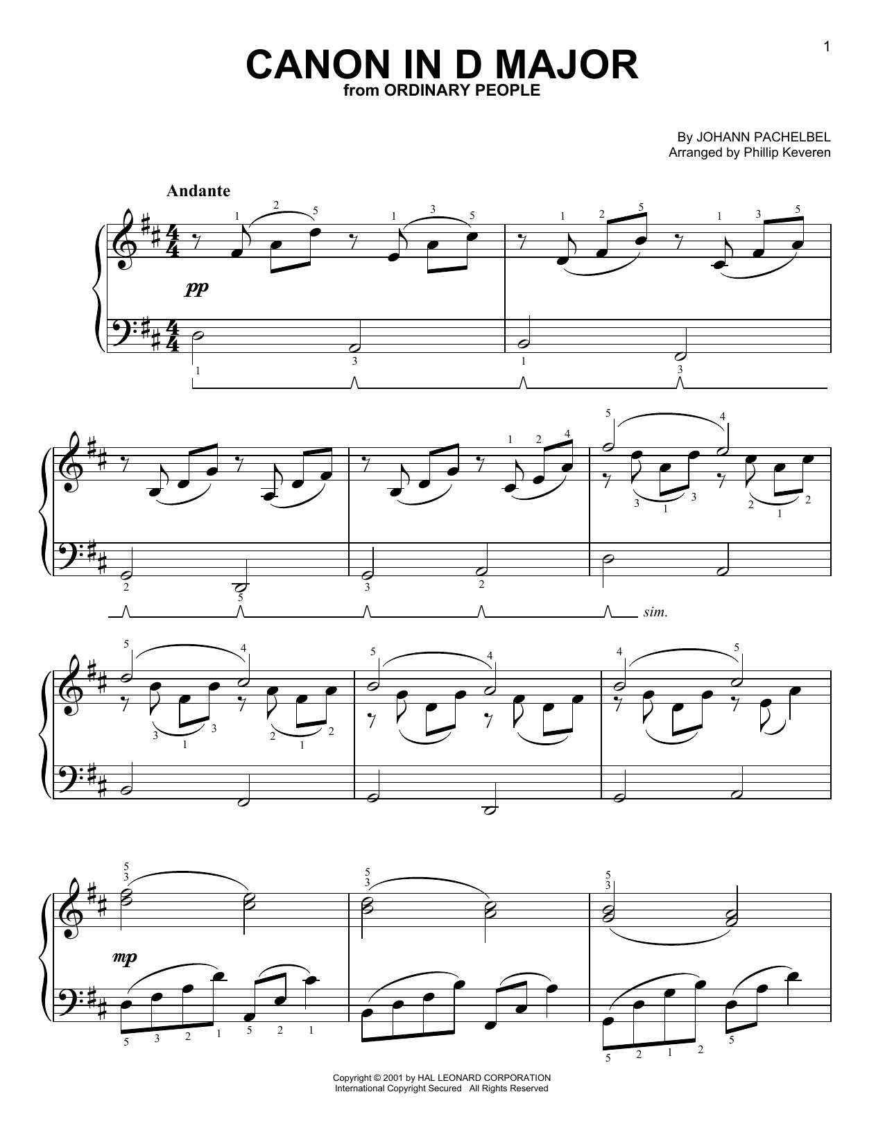 Johann Pachelbel Canon In D (arr. Phillip Keveren) sheet music notes and chords arranged for Big Note Piano