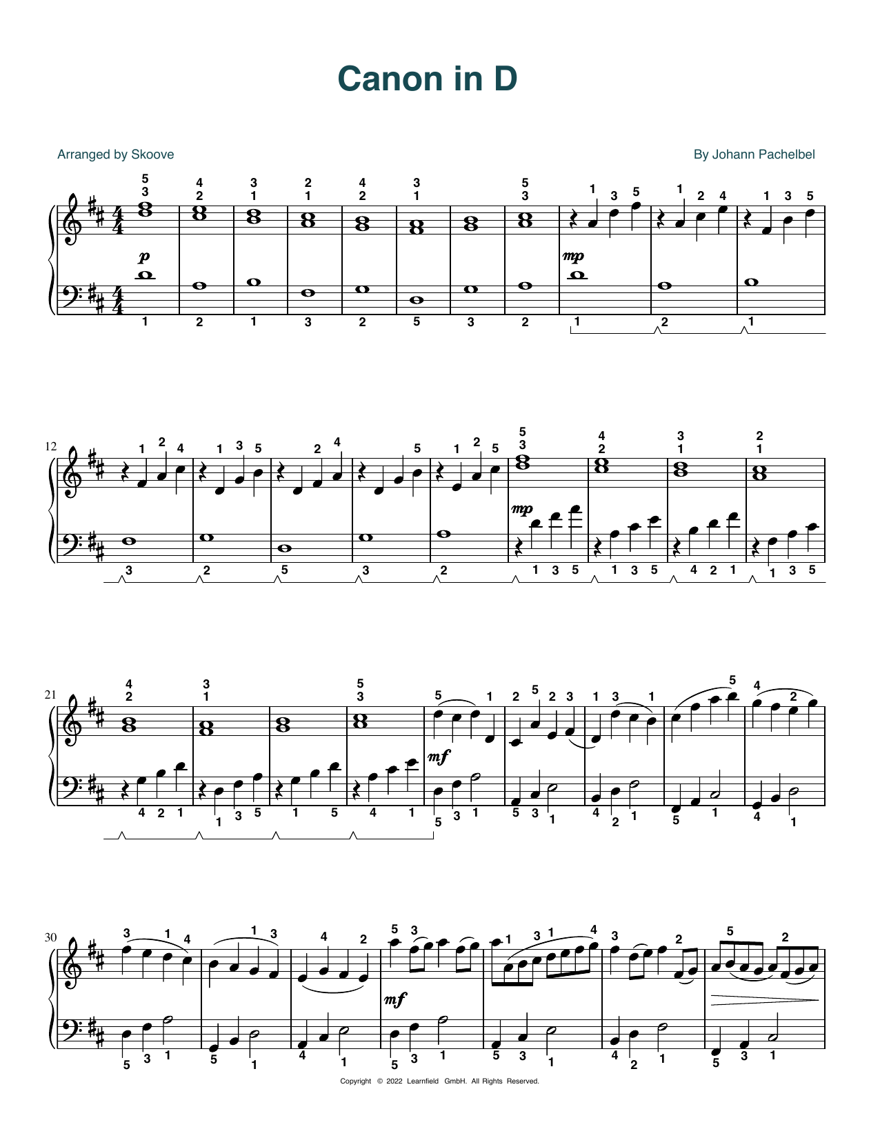 Johann Pachelbel Canon in D (arr. Skoove) sheet music notes and chords arranged for Piano Solo