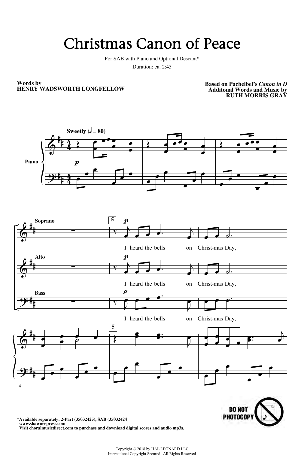 Johann Pachelbel Christmas Canon Of Peace (arr. Ruth Morris Gray) sheet music notes and chords arranged for SAB Choir