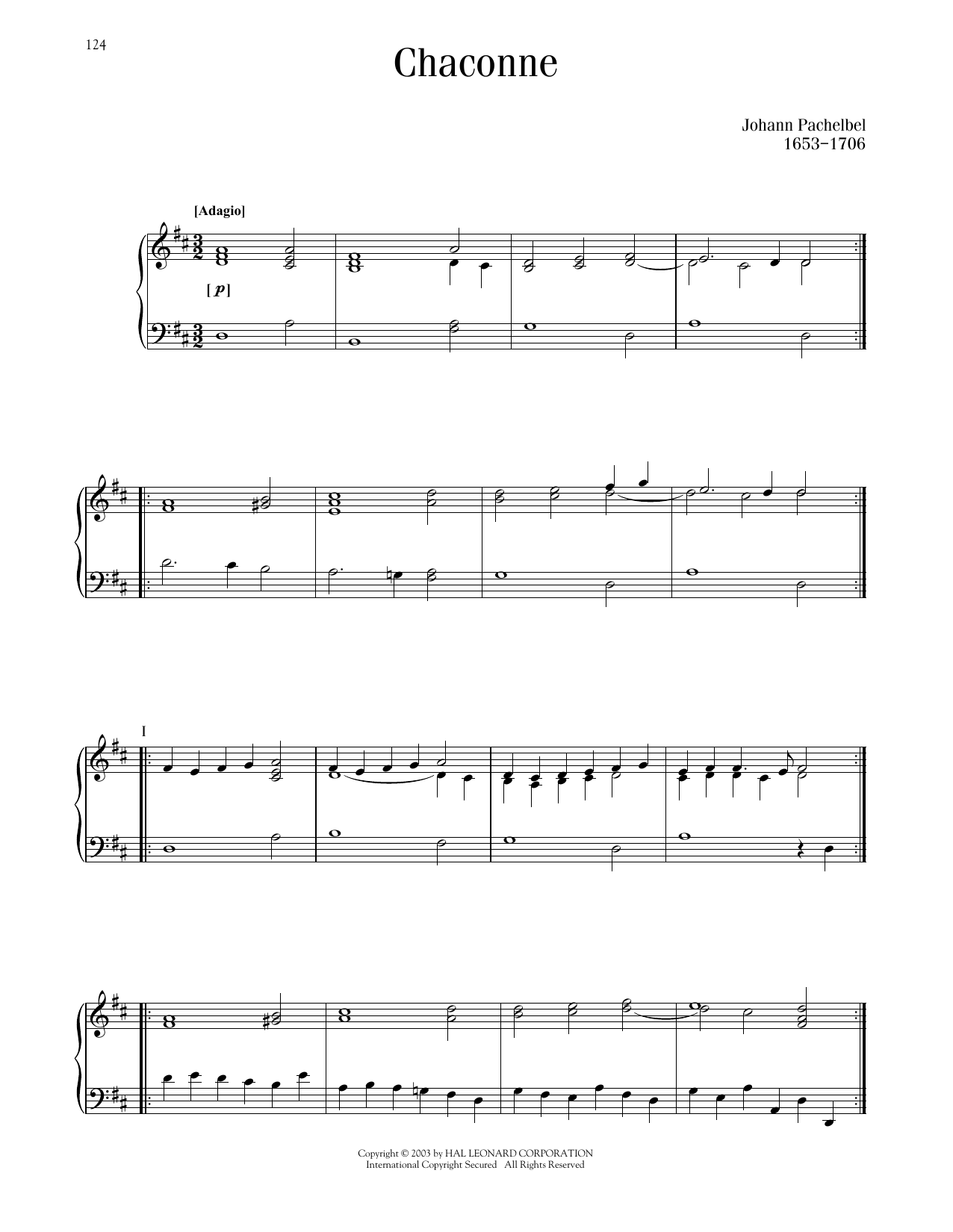 Johann Pachelbel Ciaconna (Chaconne) sheet music notes and chords arranged for Piano Solo