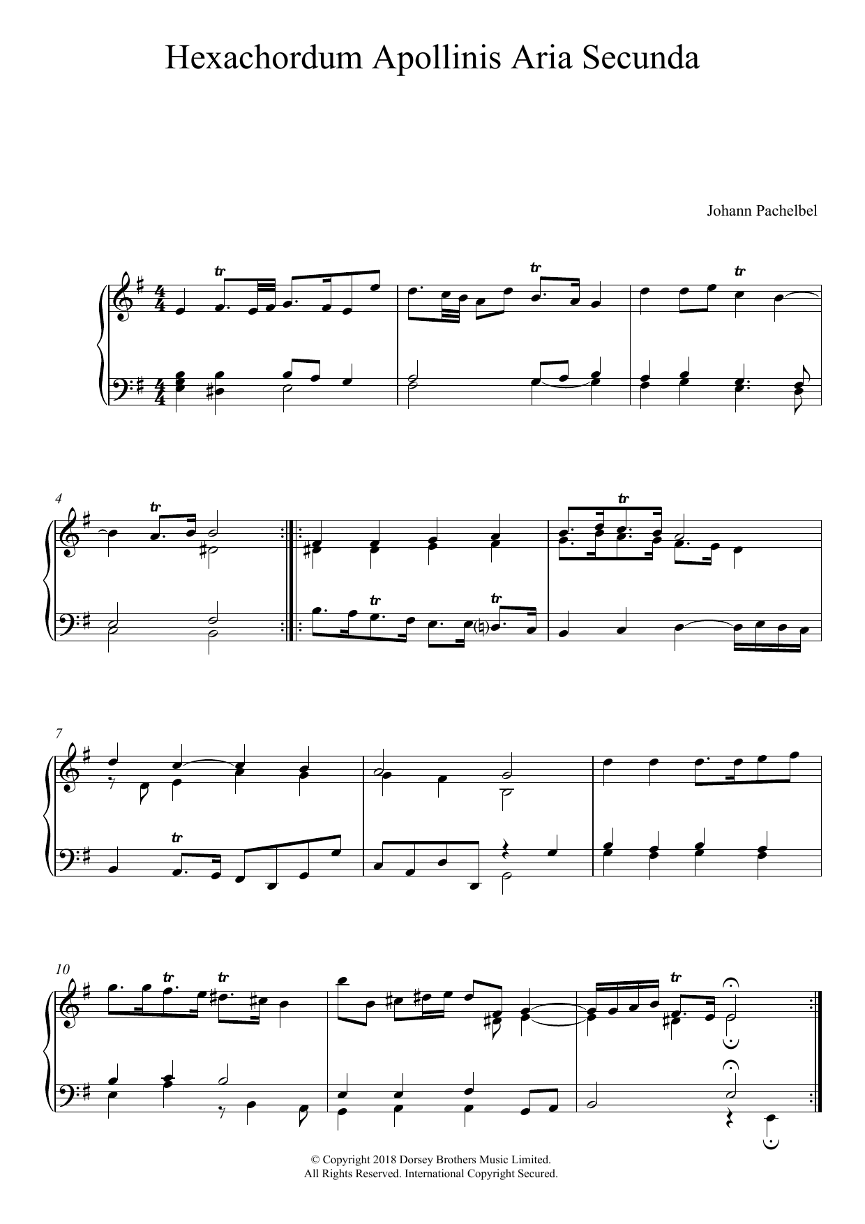 Johann Pachelbel Hexachordum Apollinis: Aria Secunda sheet music notes and chords arranged for Piano Solo
