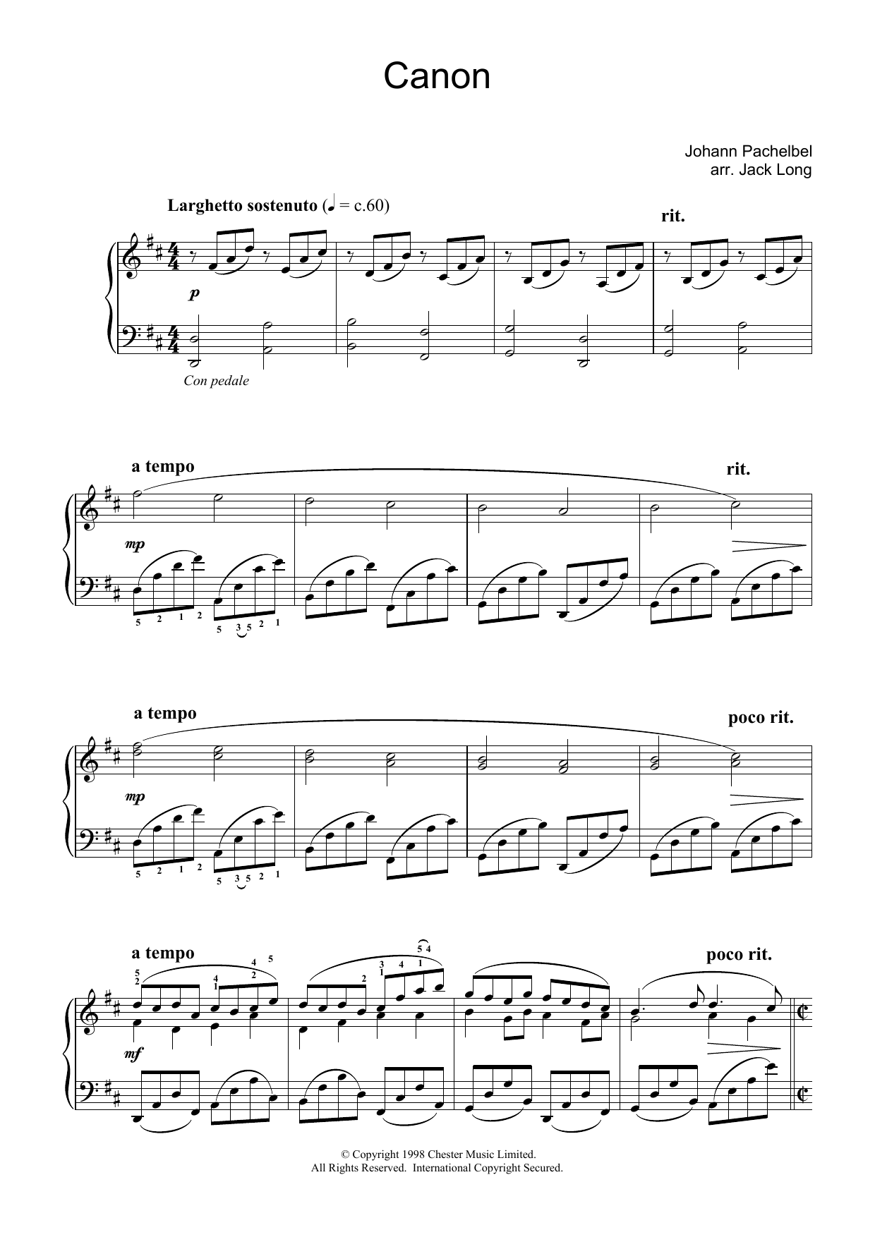 Johann Pachelbel Pachelbel's Canon In D Major (arr. Jack Long) sheet music notes and chords arranged for Piano Solo