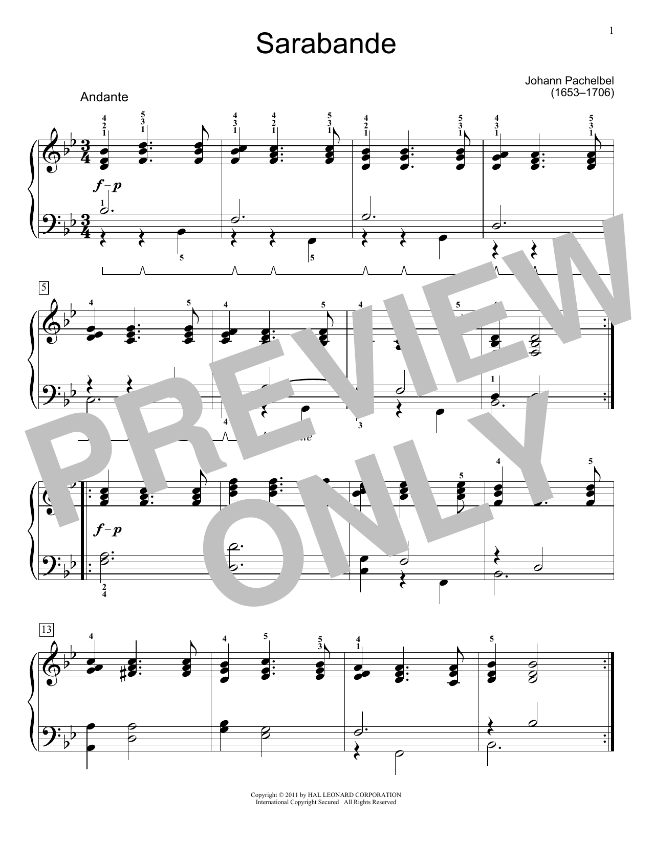 Johann Pachelbel Sarabande sheet music notes and chords arranged for Educational Piano