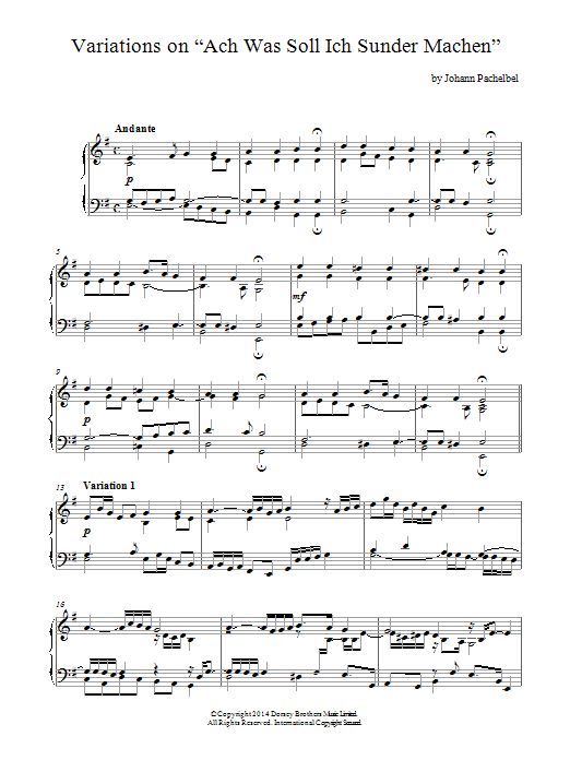 Johann Pachelbel Variations On 'Ach, Was Soll Ich Sunder Machen' sheet music notes and chords arranged for Piano Solo