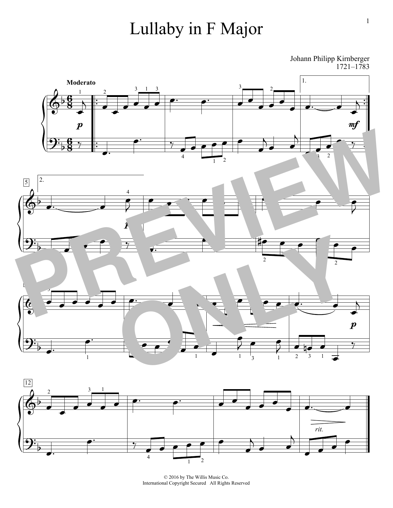 Johann Philipp Kirnberger Lullaby In F Major sheet music notes and chords arranged for Educational Piano