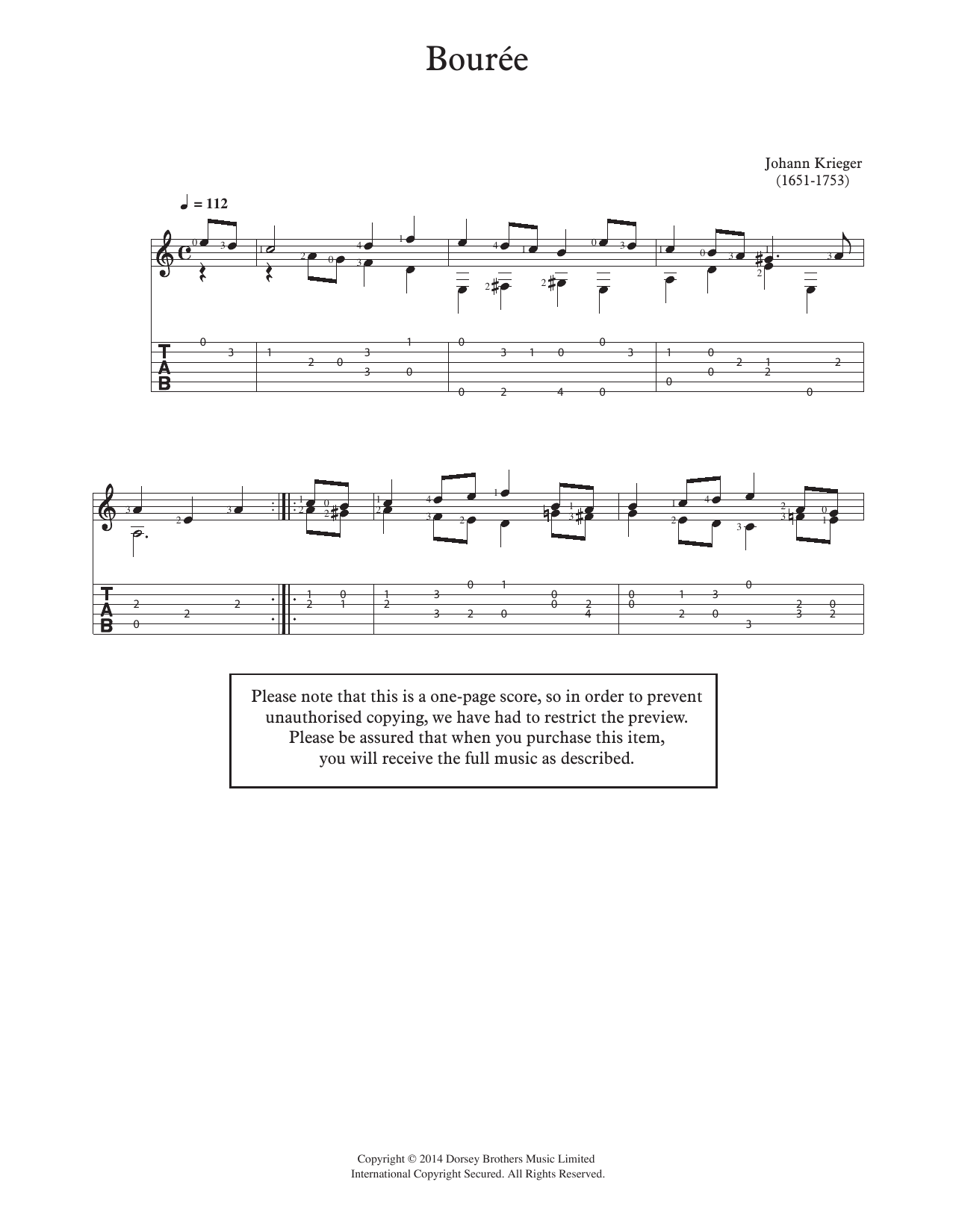 Johann Philipp Krieger Bouree sheet music notes and chords arranged for Solo Guitar