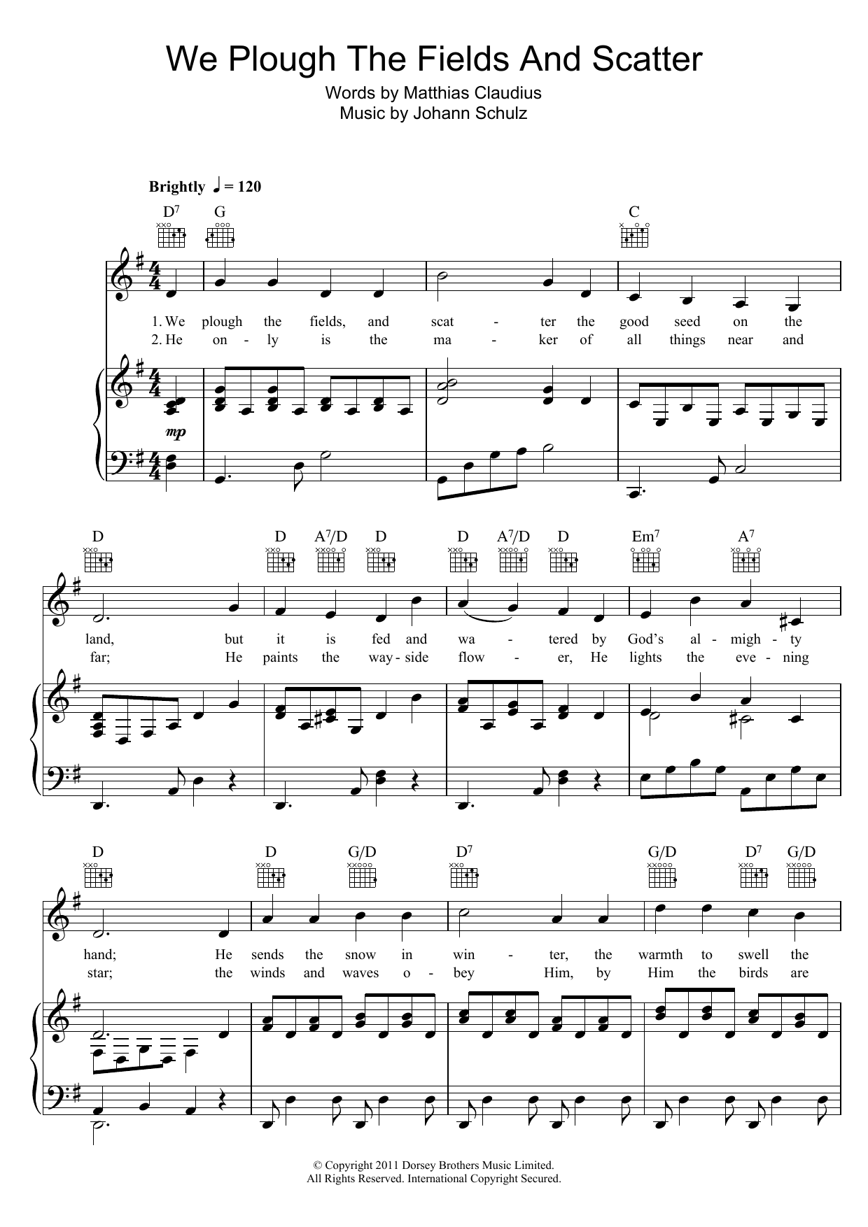 Johann Schulz We Plough The Fields And Scatter sheet music notes and chords arranged for Piano, Vocal & Guitar Chords