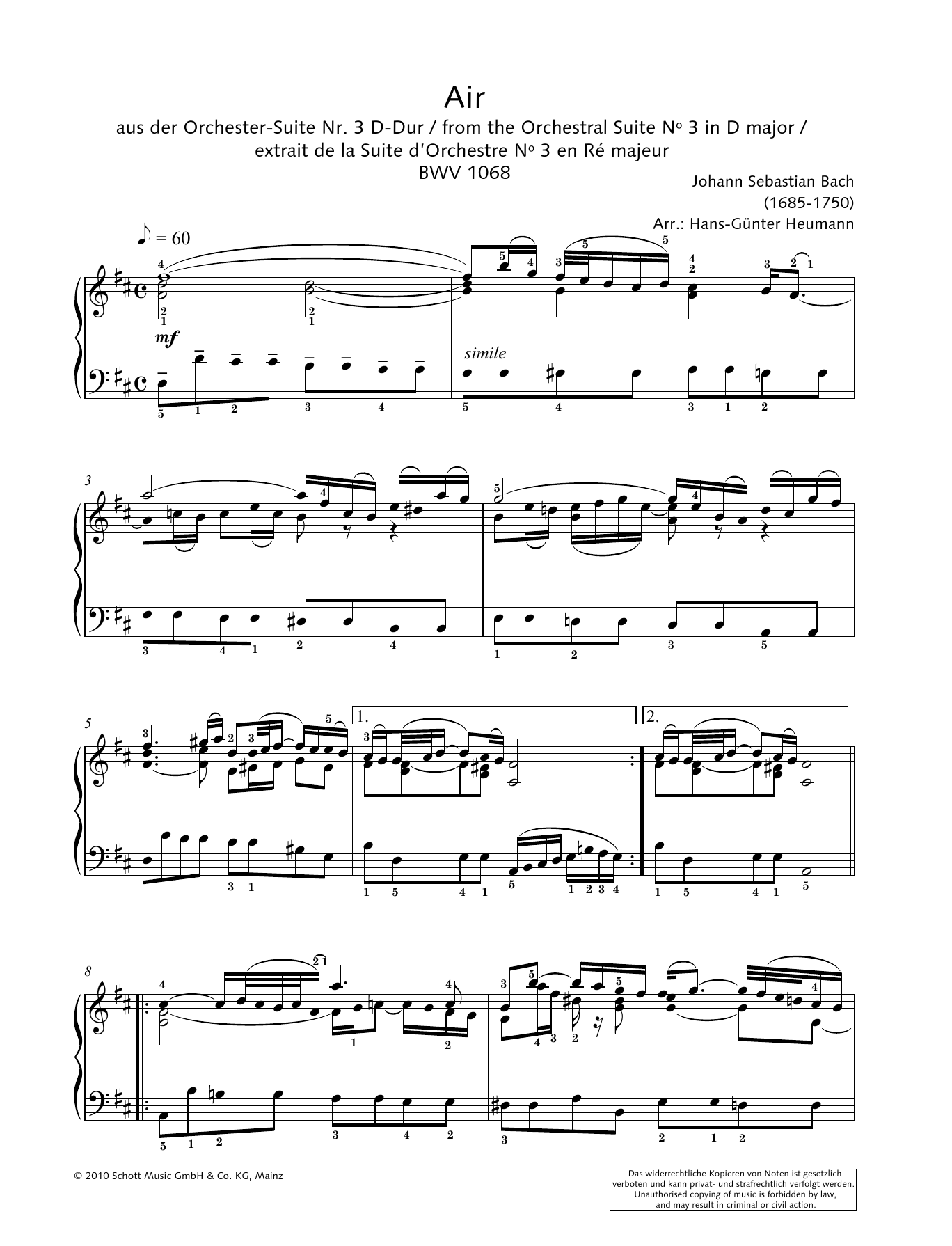 Johann Sebastian Bach Air sheet music notes and chords arranged for Easy Piano