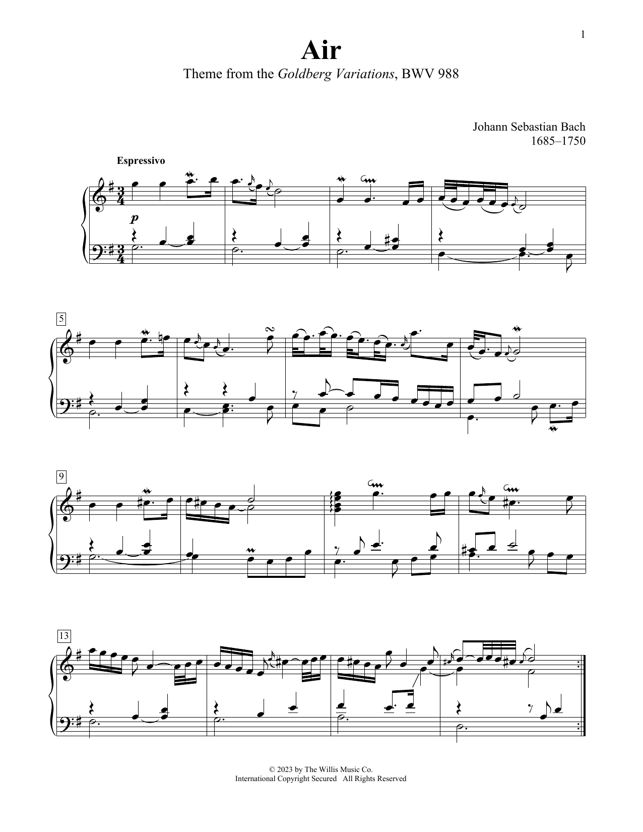 Johann Sebastian Bach Air (Theme From The Goldberg Variations, BWV 988) sheet music notes and chords arranged for Educational Piano