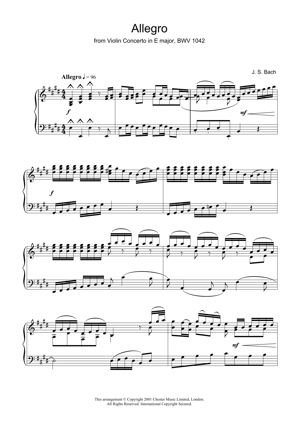 Johann Sebastian Bach Allegro From Violin Concerto In E Major, Bwv 1042 sheet music notes and chords arranged for Piano Solo