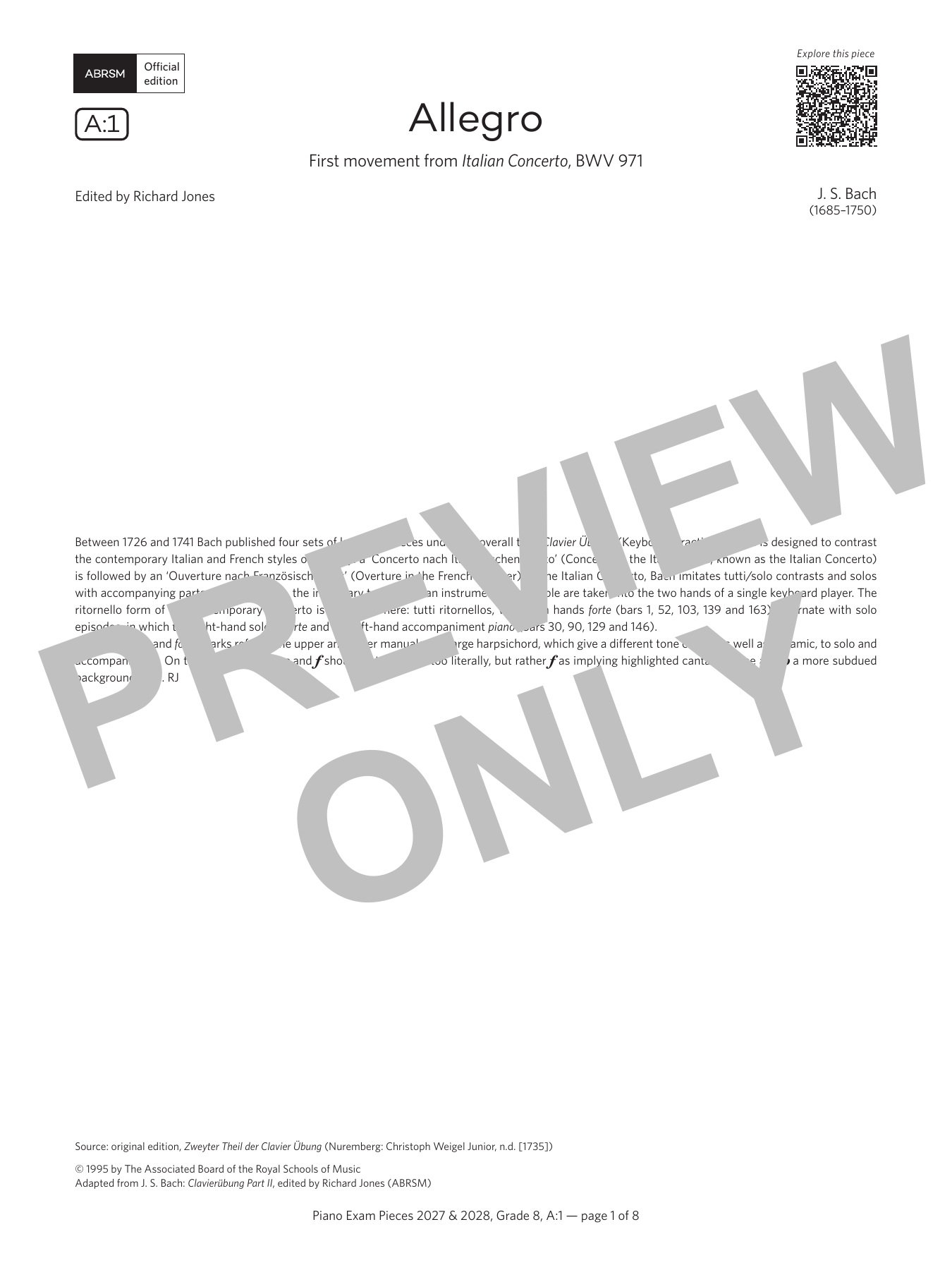 Johann Sebastian Bach Allegro (Grade 8, list A1, from the ABRSM Piano Syllabus 2027 & 2028) sheet music notes and chords arranged for Piano Solo