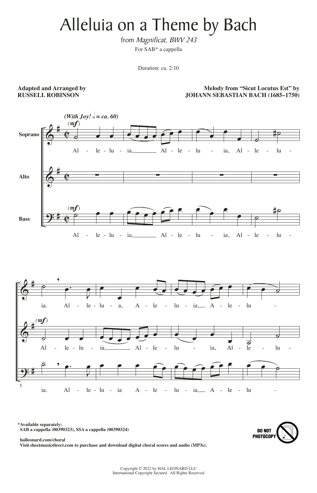 Johann Sebastian Bach Alleluia On A Theme By Bach (from Magnificat, BWV 243) (arr. Russell Robinson) sheet music notes and chords arranged for SSA Choir
