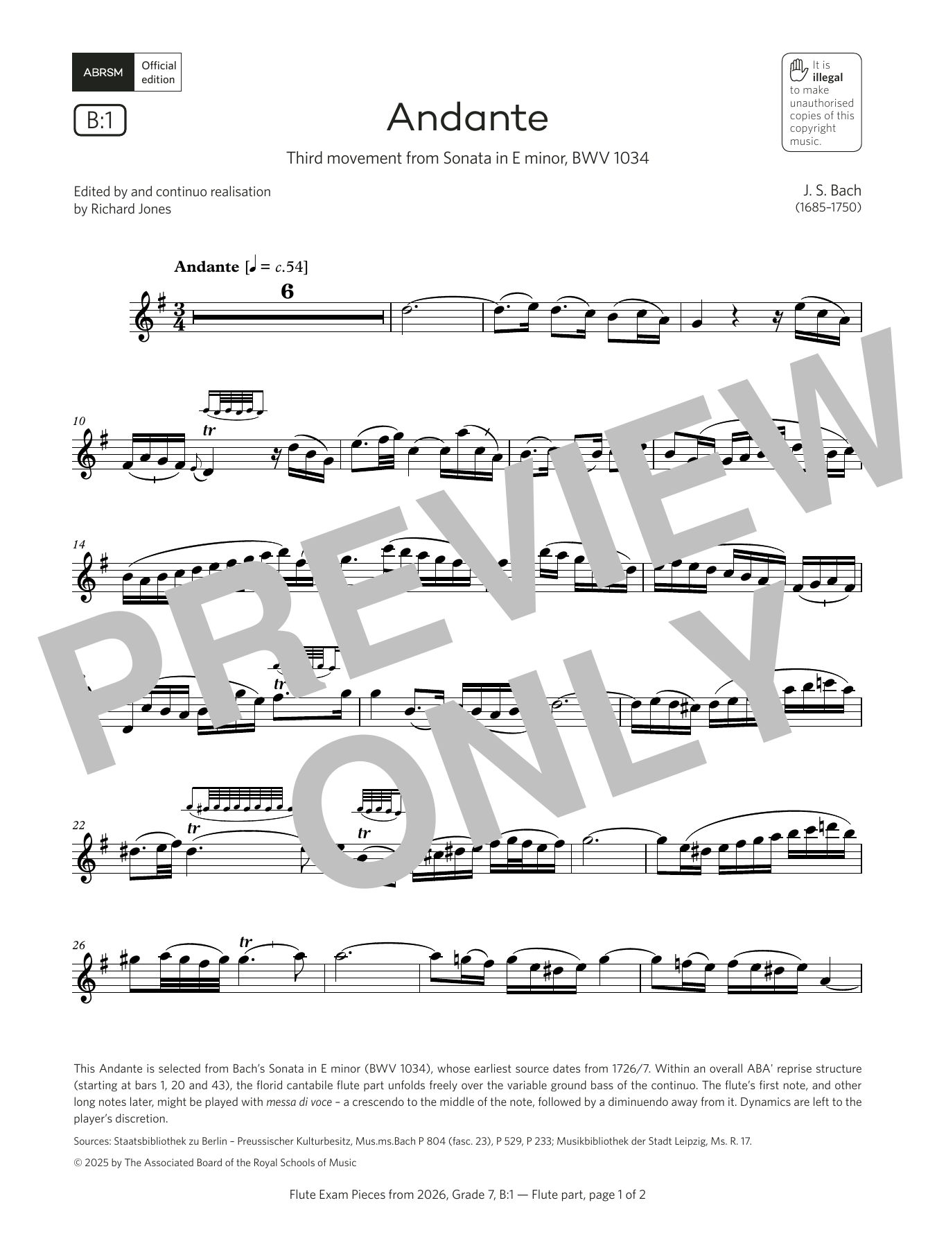 Johann Sebastian Bach Andante (Grade 7, list B1, from the ABRSM Flute Syllabus from 2026) sheet music notes and chords arranged for Flute Solo