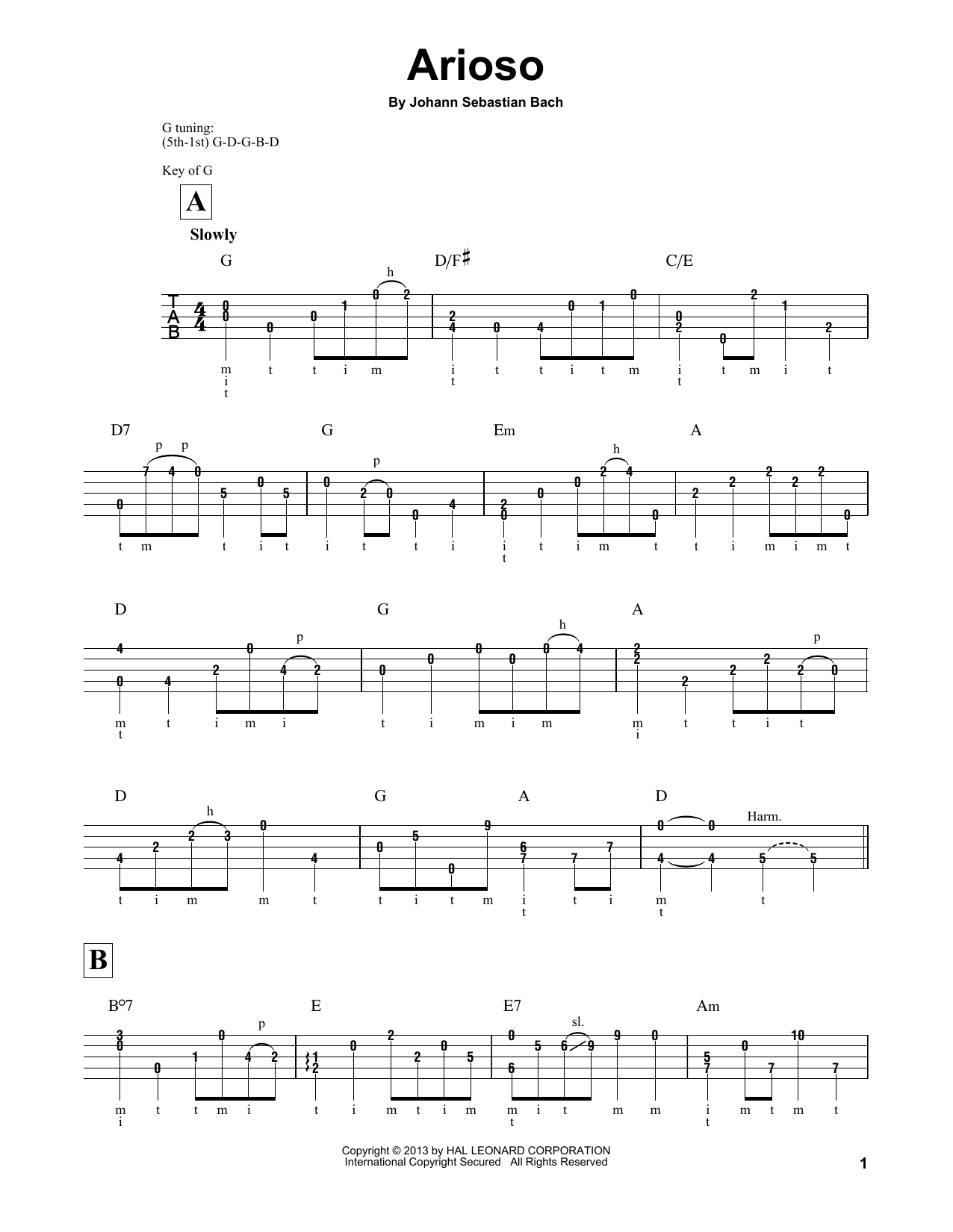 Johann Sebastian Bach Arioso (arr. Mark Phillips) sheet music notes and chords arranged for Banjo Tab
