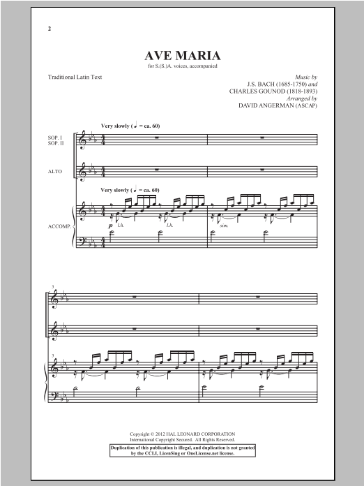 Johann Sebastian Bach Ave Maria (arr. David Angerman) sheet music notes and chords arranged for SSA Choir