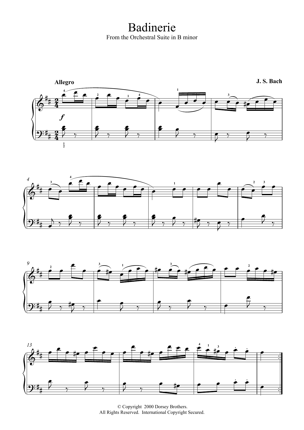 Johann Sebastian Bach Badinerie (from Orchestral Suite No. 2 in B Minor) sheet music notes and chords arranged for Piano Solo