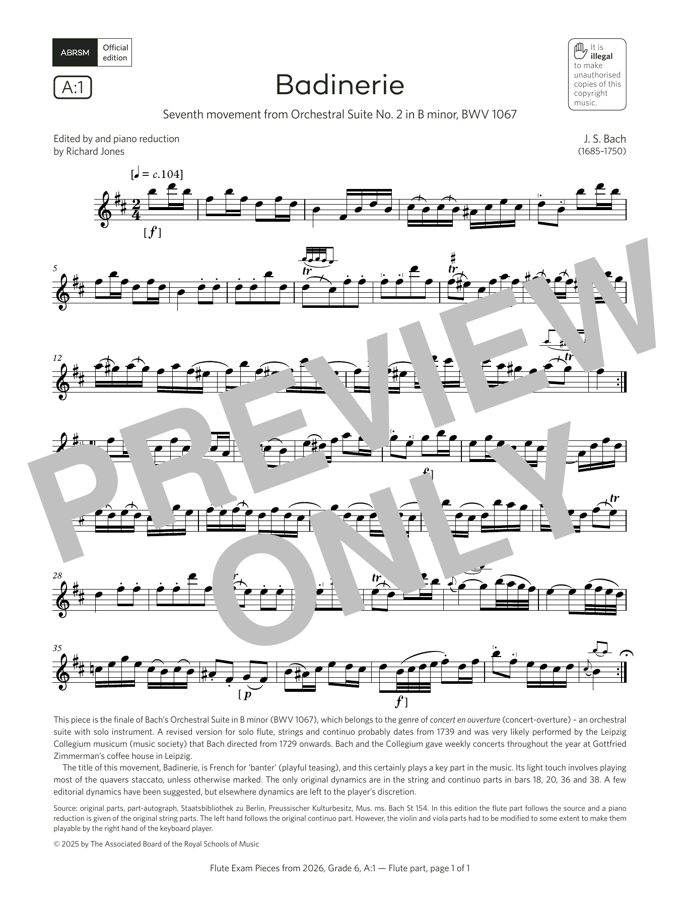 Johann Sebastian Bach Badinerie (Grade 6, list A1, from the ABRSM Flute Syllabus from 2026) sheet music notes and chords arranged for Flute Solo