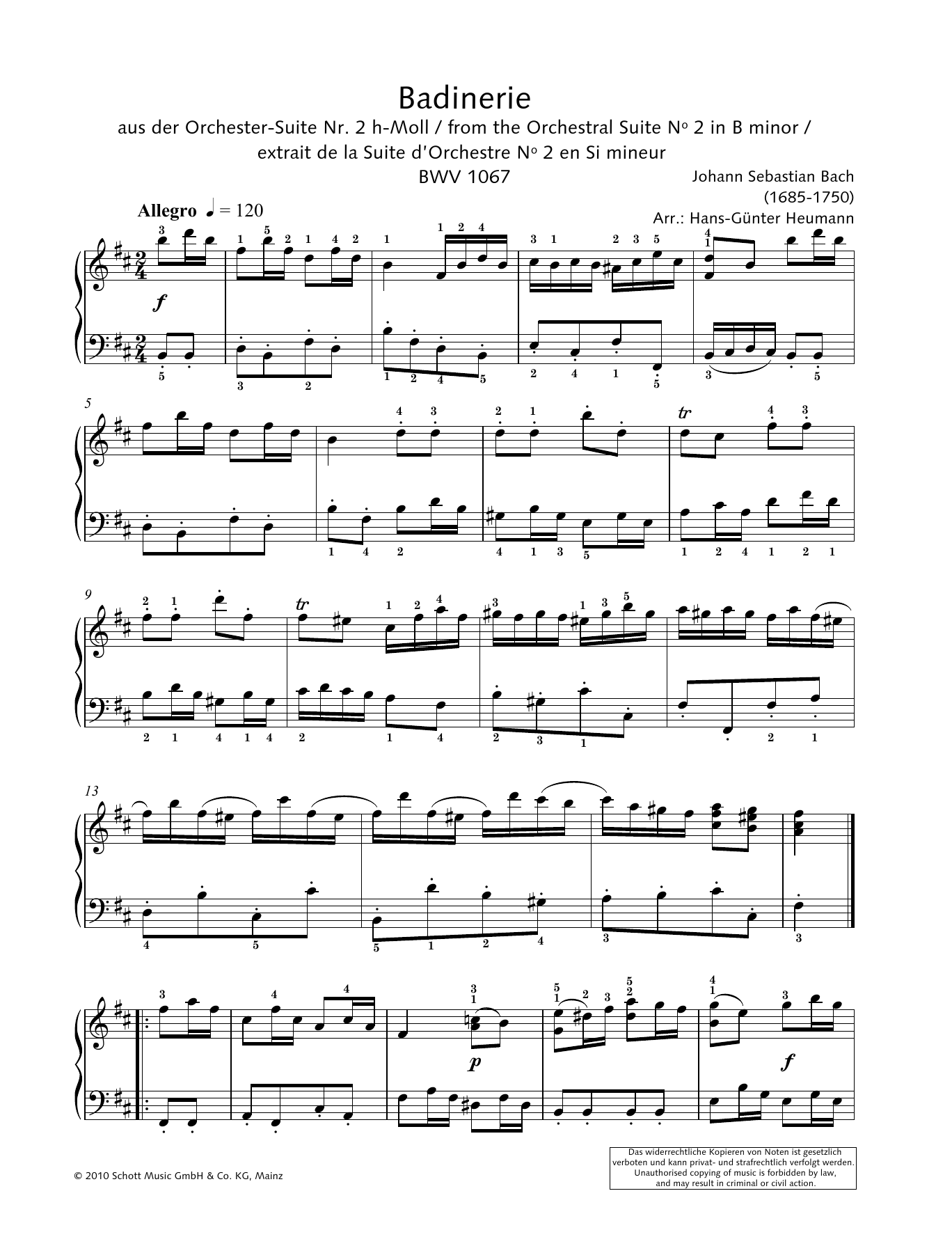 Johann Sebastian Bach Badinerie sheet music notes and chords arranged for Piano Solo