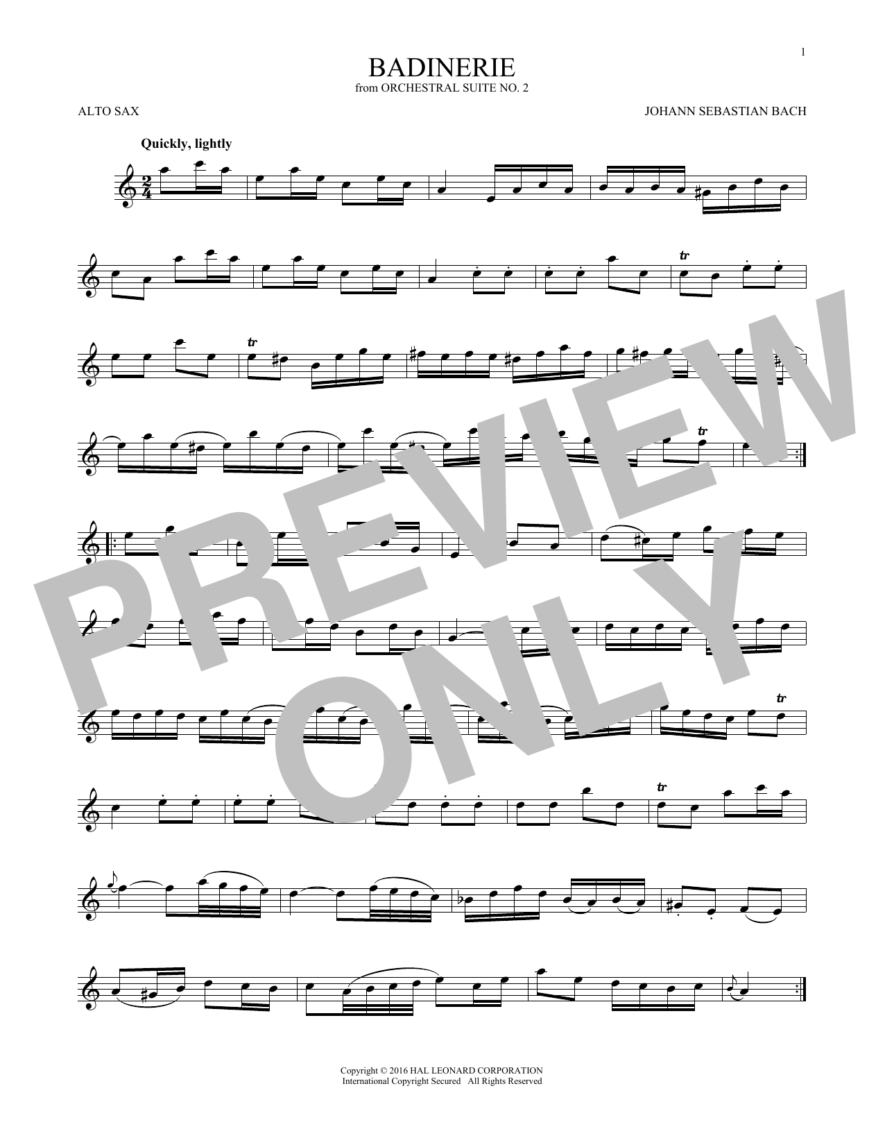 Johann Sebastian Bach Badinerie (Suite No. 2) sheet music notes and chords arranged for Alto Sax Solo