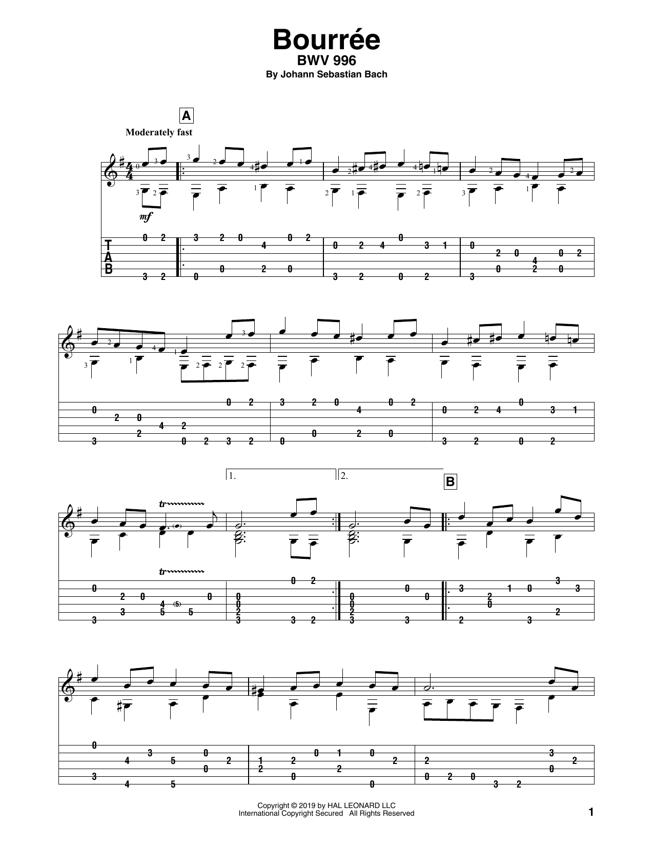 Johann Sebastian Bach Bouree (arr. Bill LaFleur) sheet music notes and chords arranged for Solo Guitar