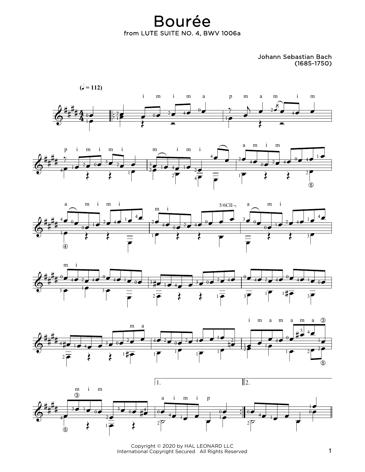 Johann Sebastian Bach Bouree sheet music notes and chords arranged for Solo Guitar