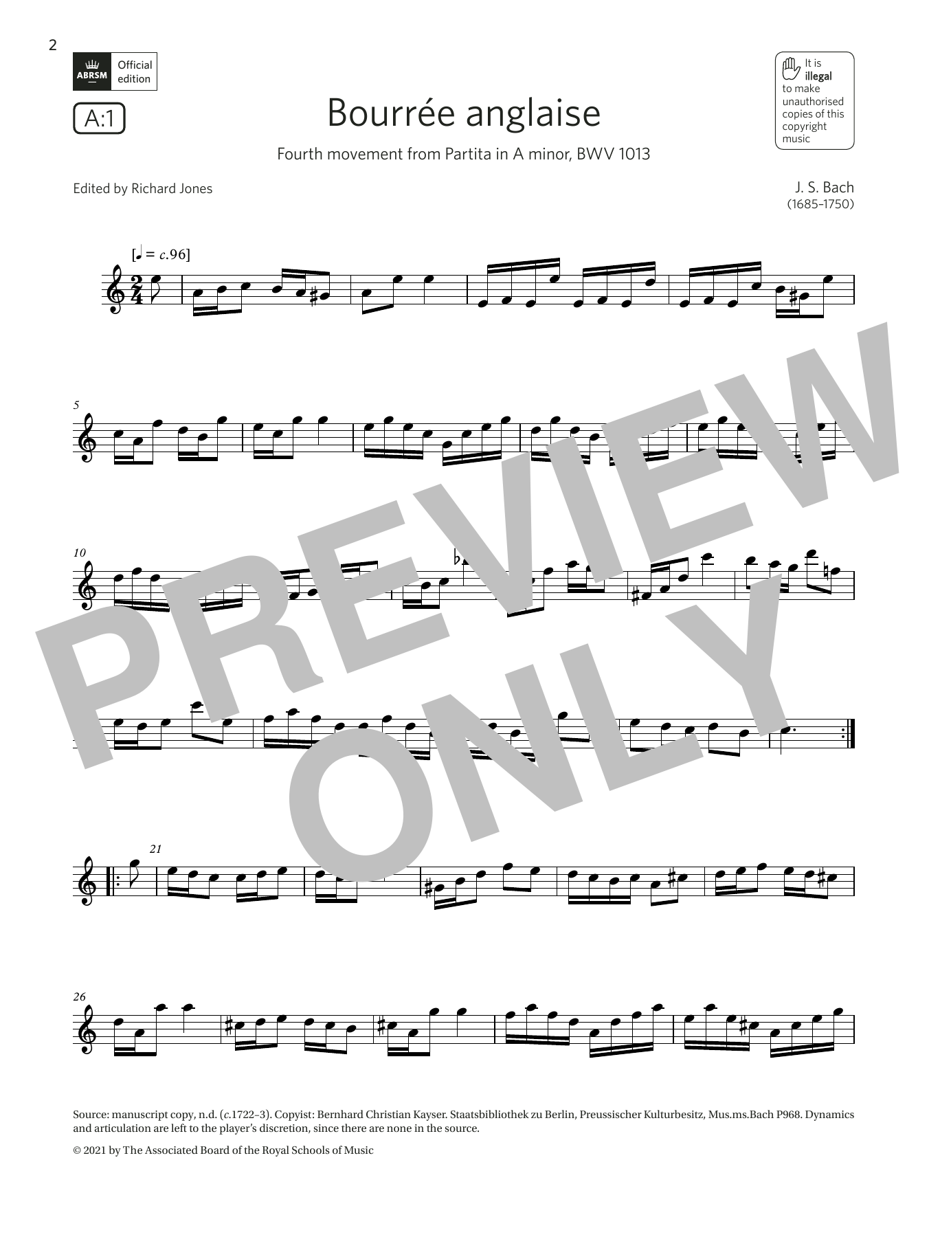 Johann Sebastian Bach Bourrée anglaise (from Partita in A minor)(Grade 6 List A1 from the ABRSM Flute syllabus from 2022) sheet music notes and chords arranged for Flute Solo