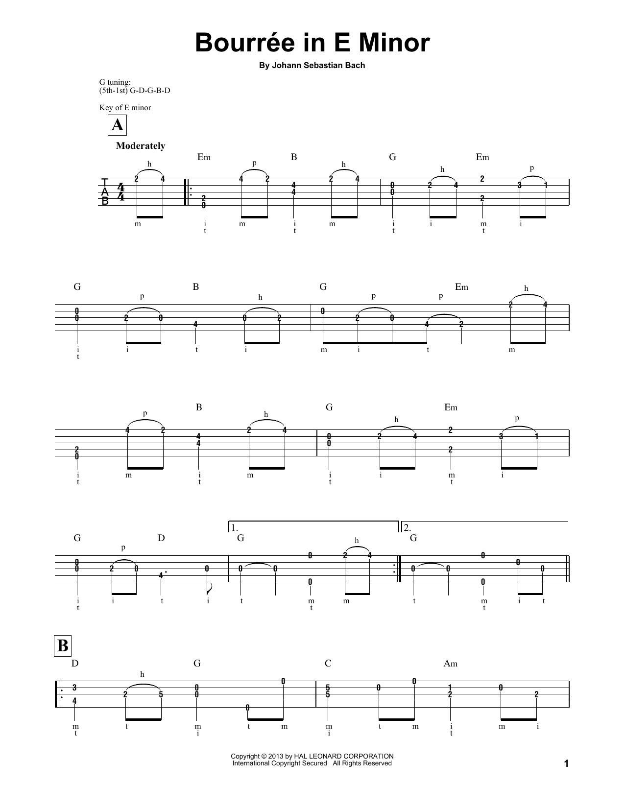 Johann Sebastian Bach Bourree (arr. Mark Phillips) sheet music notes and chords arranged for Banjo Tab