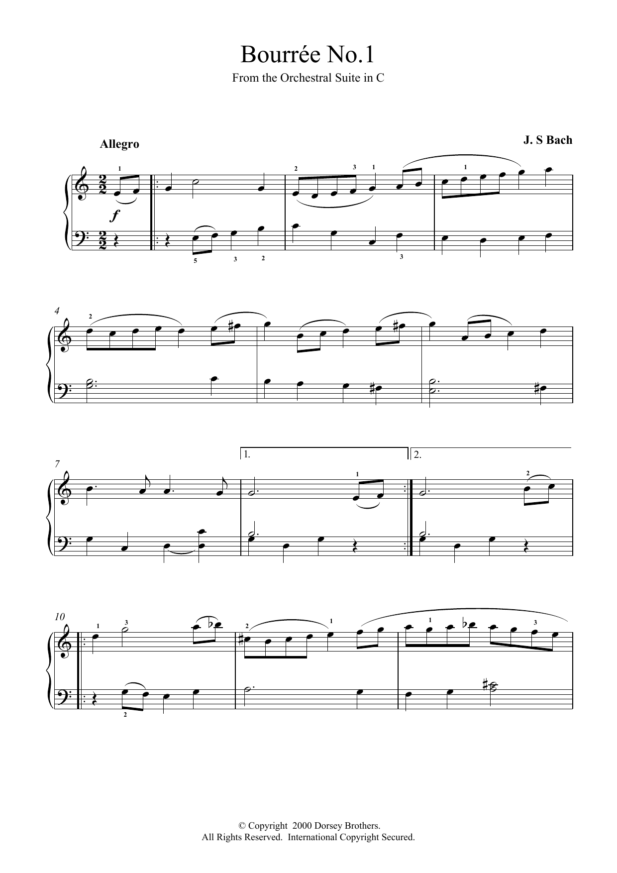 Johann Sebastian Bach Bourree No.1 sheet music notes and chords arranged for Piano Solo