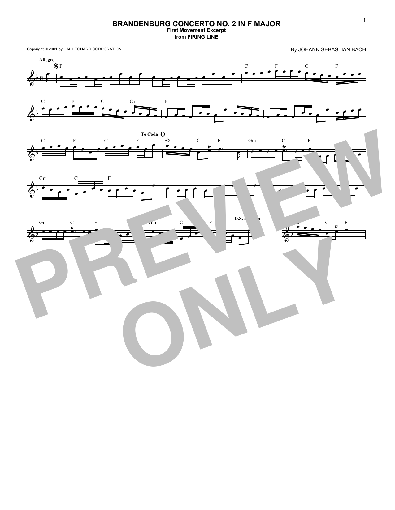 Johann Sebastian Bach Brandenburg Concerto No. 2 in F Major, First Movement Excerpt sheet music notes and chords arranged for Piano Solo