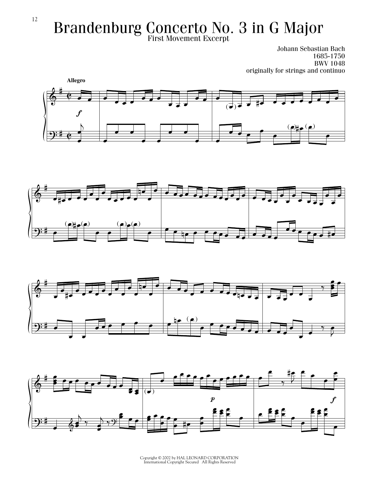Johann Sebastian Bach Brandenburg Concerto No. 3 sheet music notes and chords arranged for Piano Solo