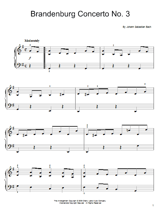 Johann Sebastian Bach Brandenburg Concerto No. 3 sheet music notes and chords arranged for Easy Piano