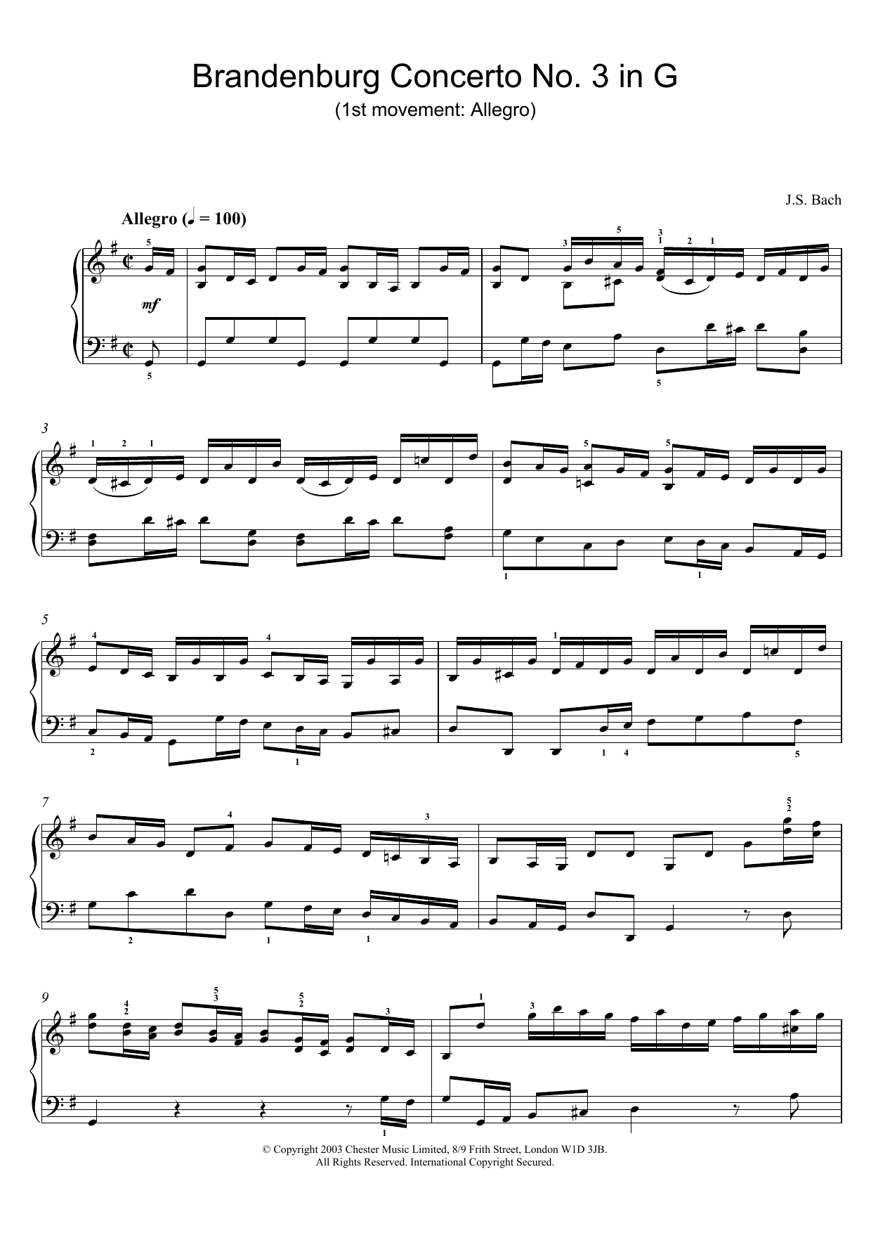 Johann Sebastian Bach Brandenburg Concerto No. 3 in G (1st movement: Allegro) sheet music notes and chords arranged for Piano Solo