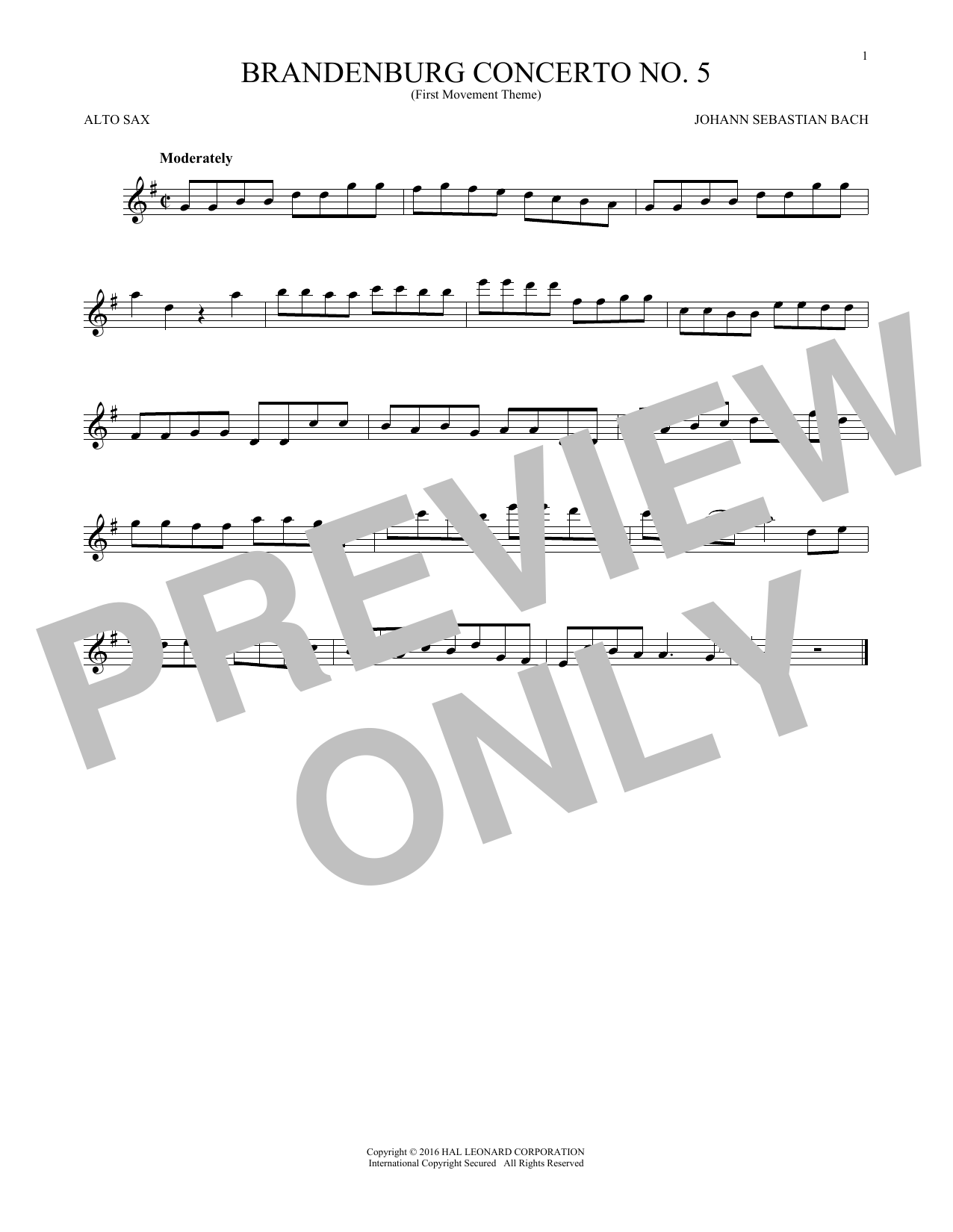 Johann Sebastian Bach Brandenburg Concerto No. 5 sheet music notes and chords arranged for Alto Sax Solo