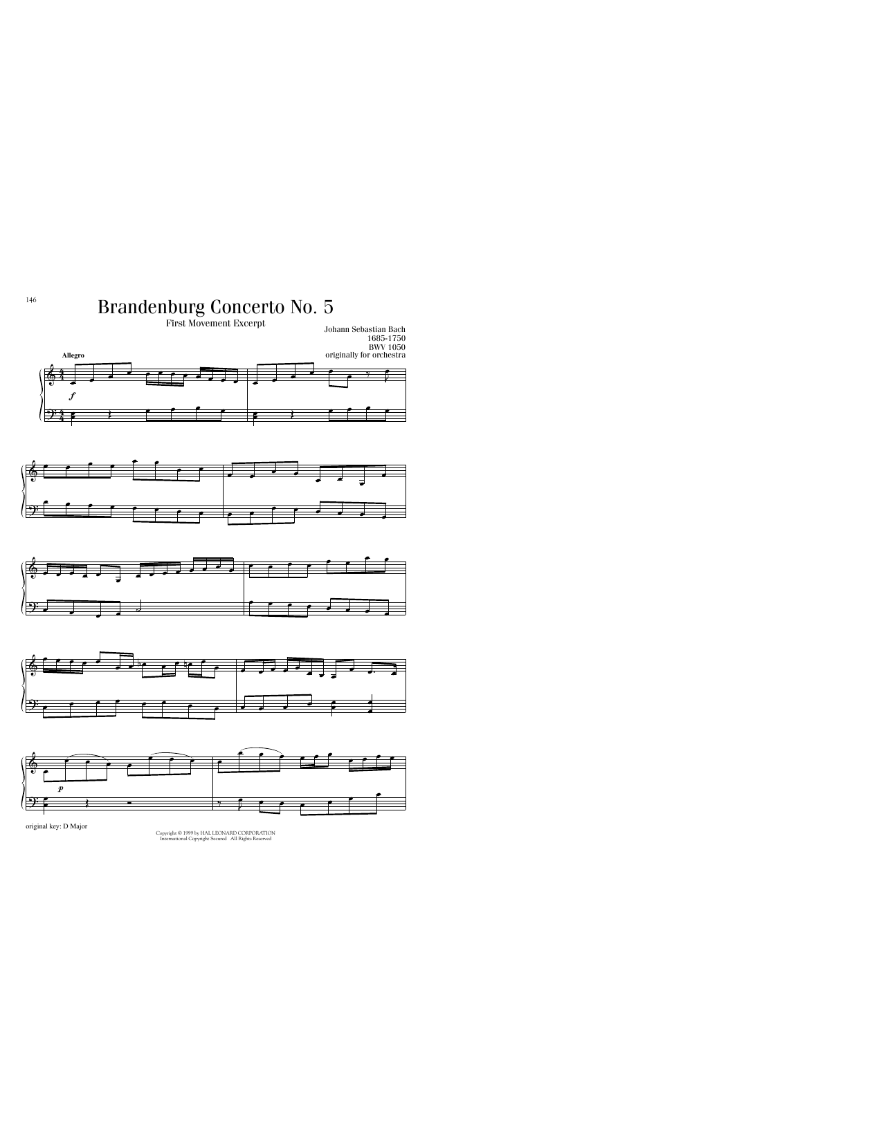 Johann Sebastian Bach Brandenburg Concerto No. 5 in D Major, First Movement Excerpt sheet music notes and chords arranged for Piano Solo
